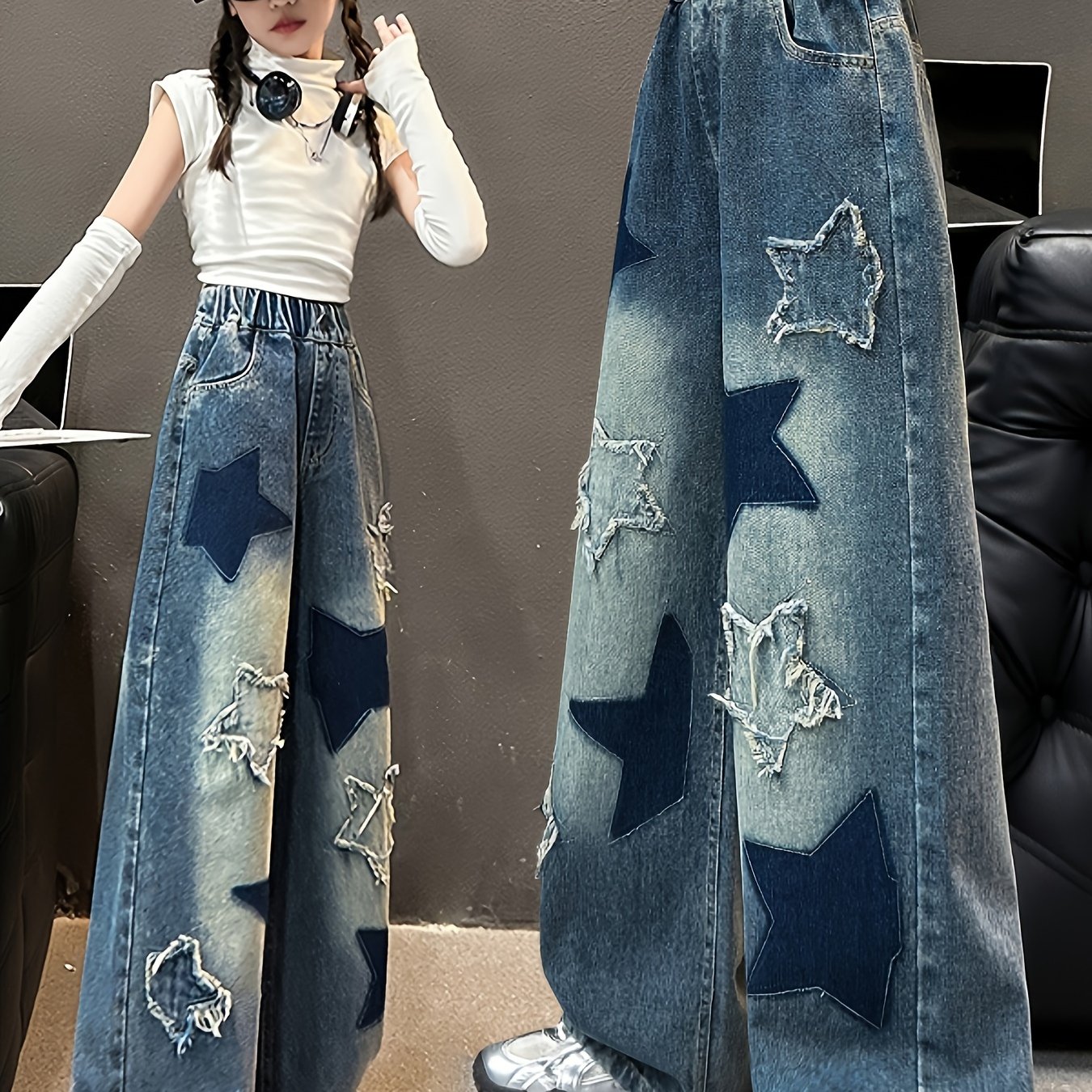 Individual Geometric Pattern Fashion Mid-size Girls' Denim Jeans