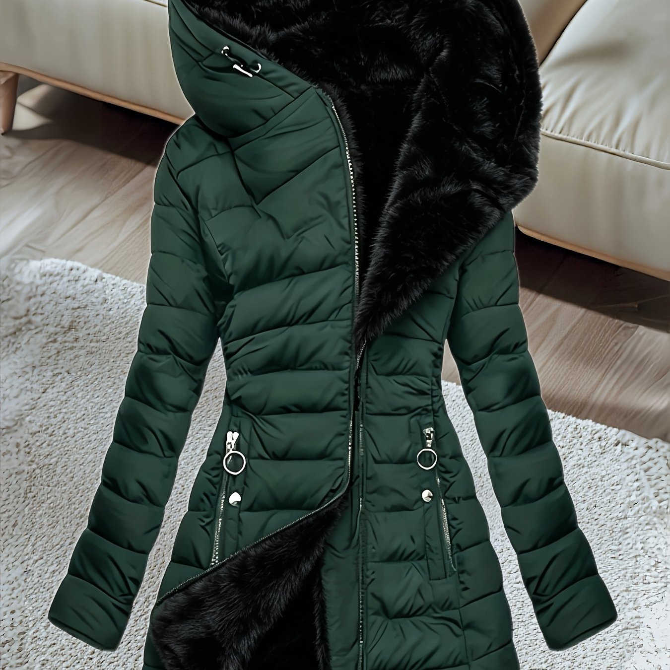 TEMU Cappotto da donna con cappuccio, nuovo invernale di media lunghezza, foderato in pile, dalla vestibilit� , in tessuto pregiato selezionato, con