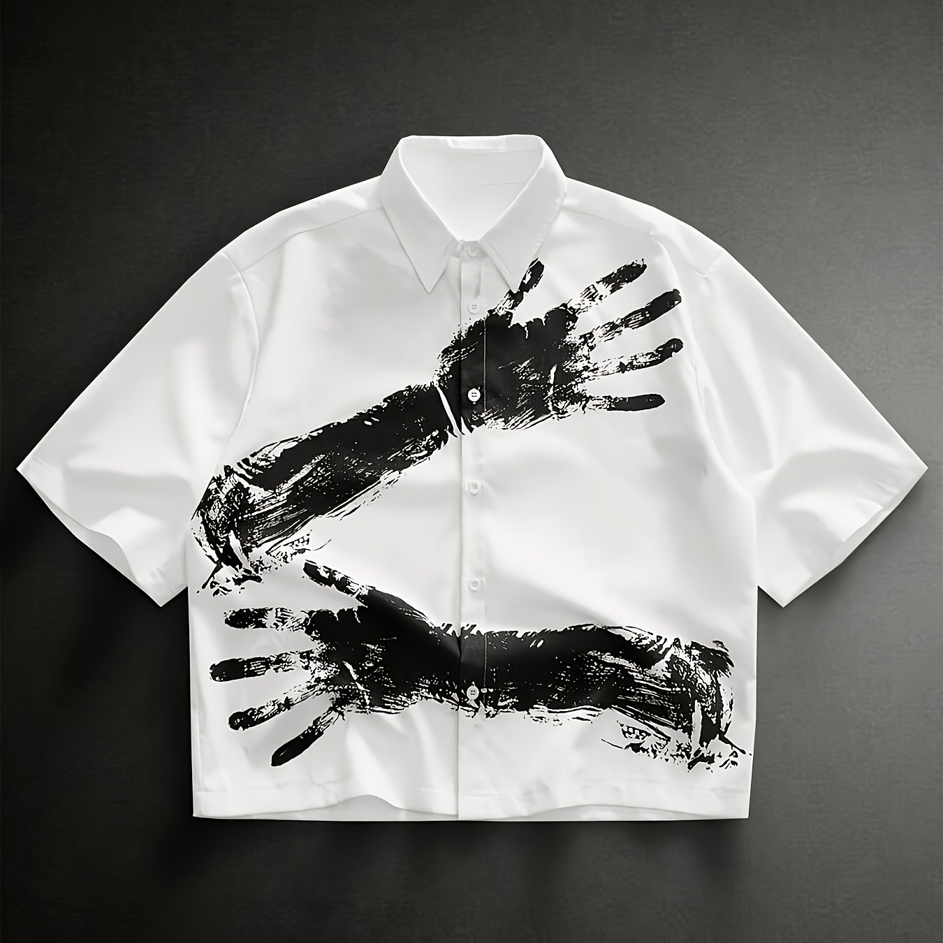 TEMU New Summer Men's Black Block Hand Print Cropped Shirt, Loose Casual Short Sleeve Versatile For Date