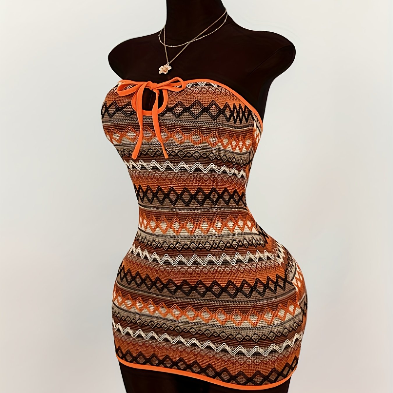 TEMU Vacation Attire Featuring A Bohemian Style With Textured Fabric, A Hollowed-out Bust, And A Lace-up Fitted Mini Dress