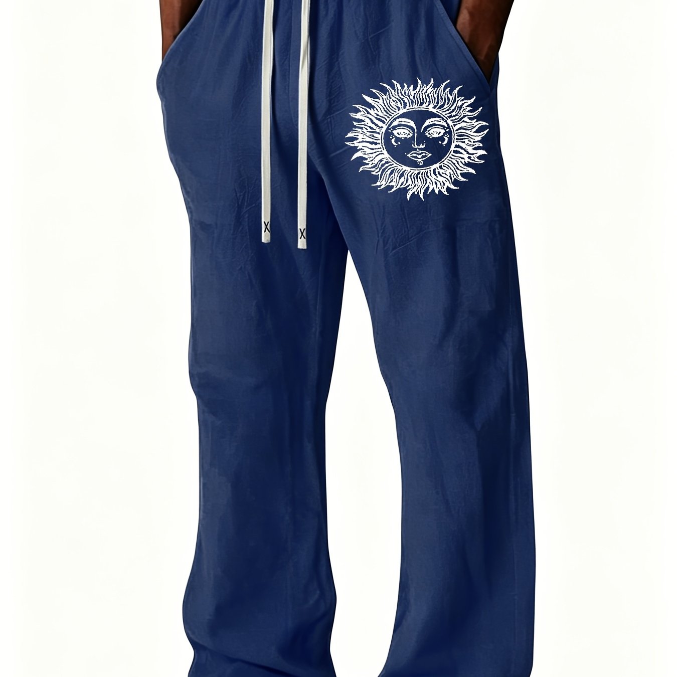 TEMU Men's Summer Linen Breathable Casual Pants, Sun Print Wide-leg Trousers, Contrast Color Elastic Waist Versatile Beach Vacation Simple Long Pants