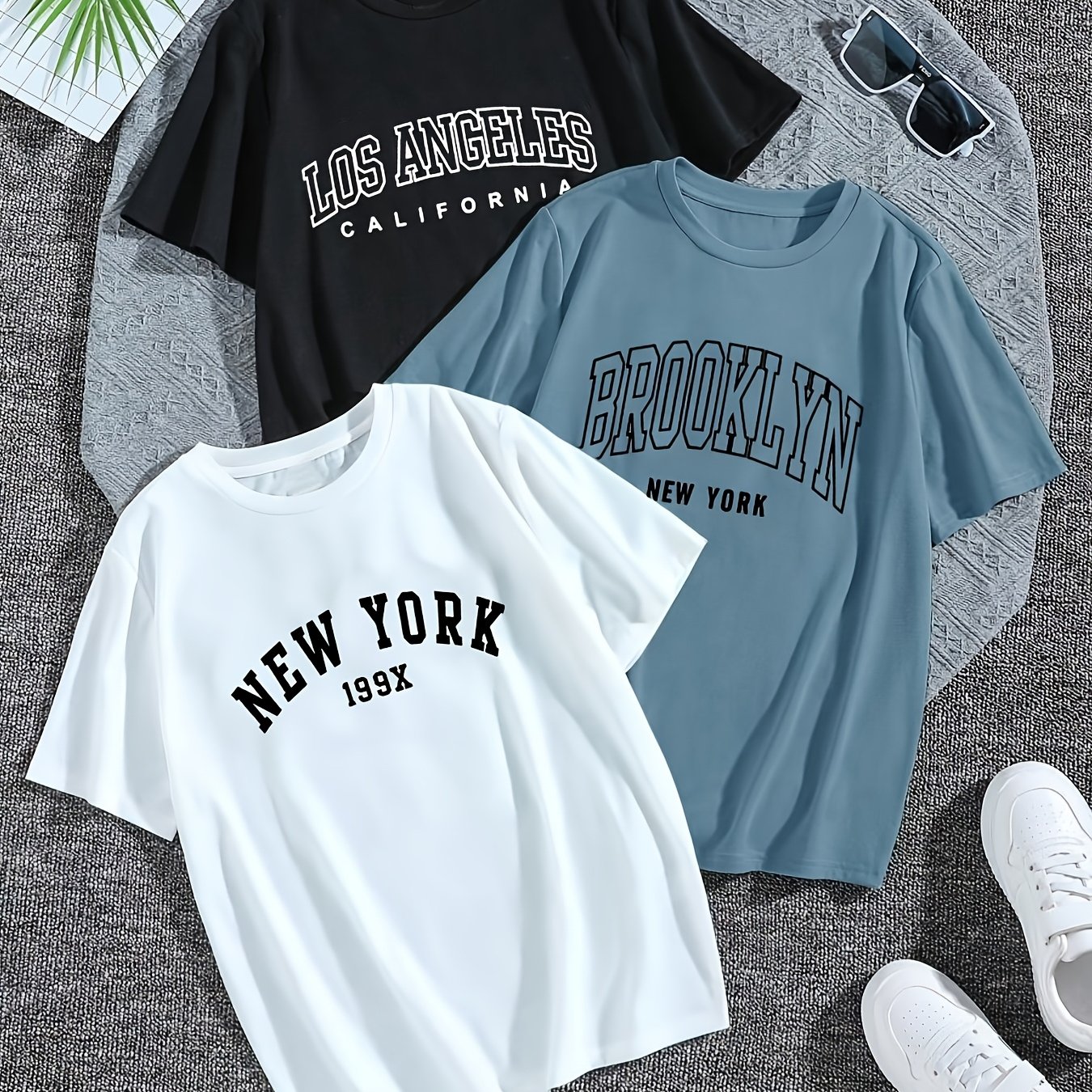 Image of 3pcs Set Of Fashion Loose Youth Boys' College Letter Print Round Neck Short Sleeve T-shirts, For Teenager, For Teenager