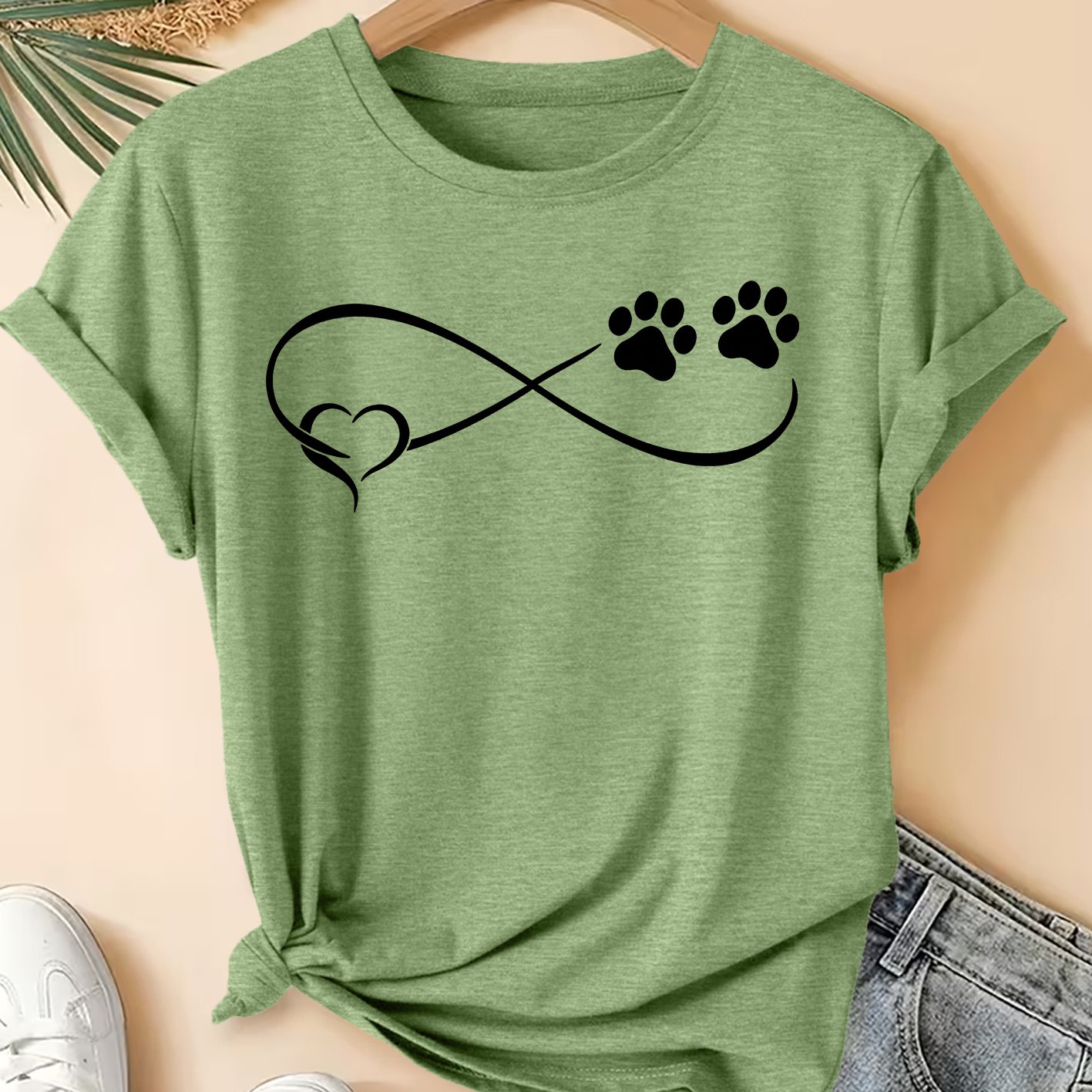 TEMU Women's Plus Size Friendly T-shirt With Paw Print & Heart Pet-themed - Crew Neck Short Sleeve Blouse-compatible Top Suitable For Commuting,
