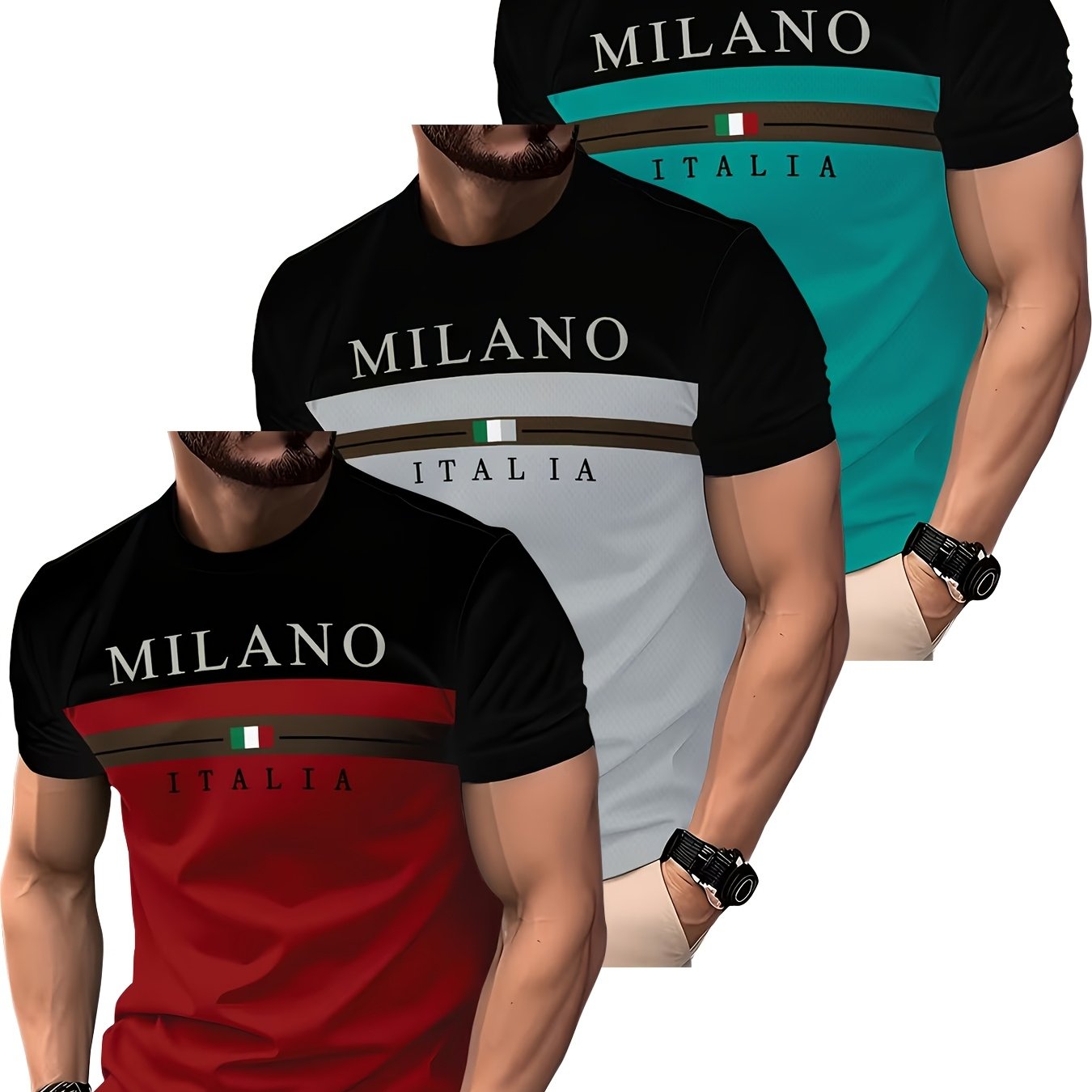 TEMU 3pcs Of 2026 New Style Fashionable Casual Men's Short-sleeved T-shirts, Round-neck Short-sleeved, Machine Washable, Suitable For , Comfortable