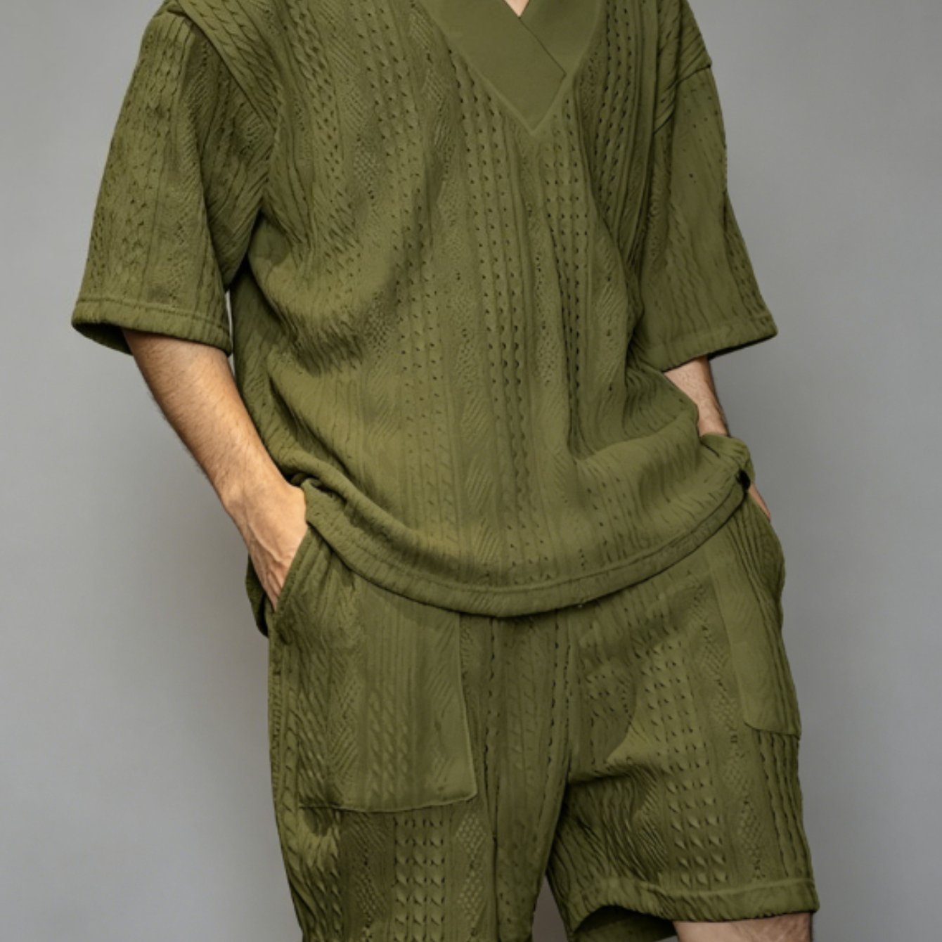 Image of 2pcs Set Of Oversized Casual V-neck Half Sleeved Loose Shirt And Drawstring Shorts, Casual Set, Sports Set, Pajama Set, Plus Size