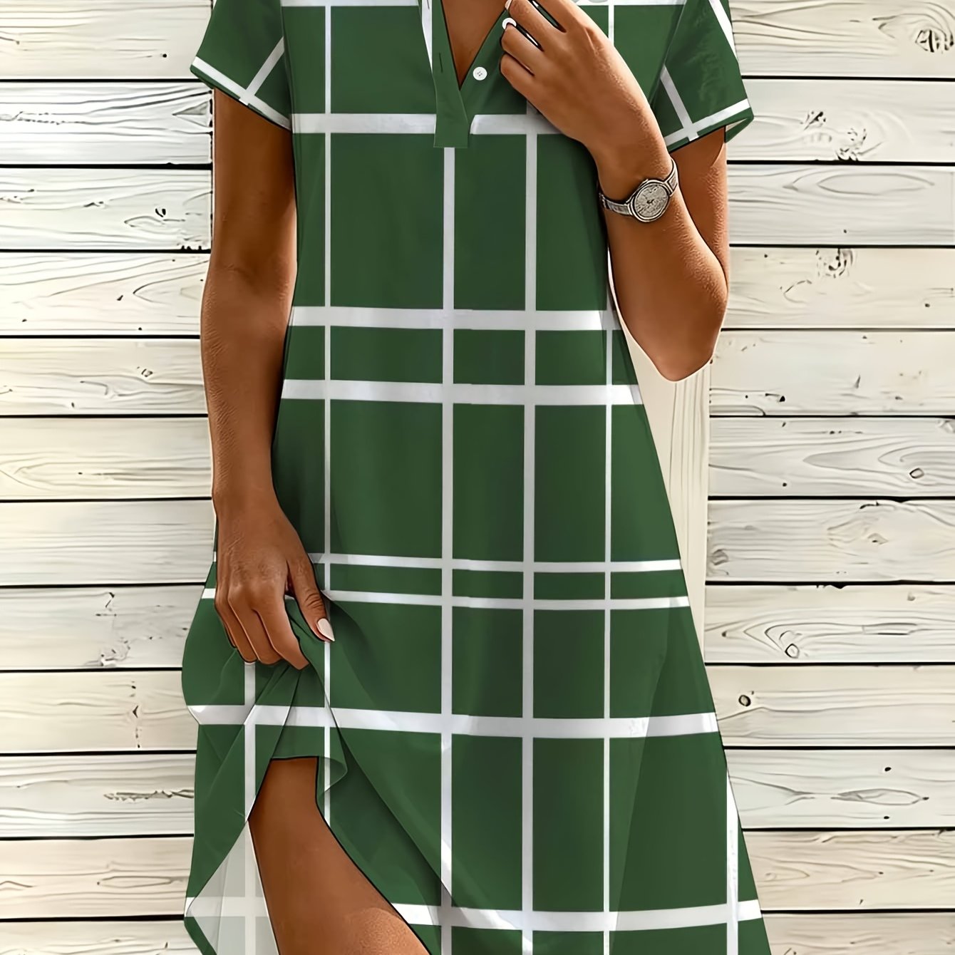 Image of Women's Fashion Shirt Dress, V-neck Button Dress, Print