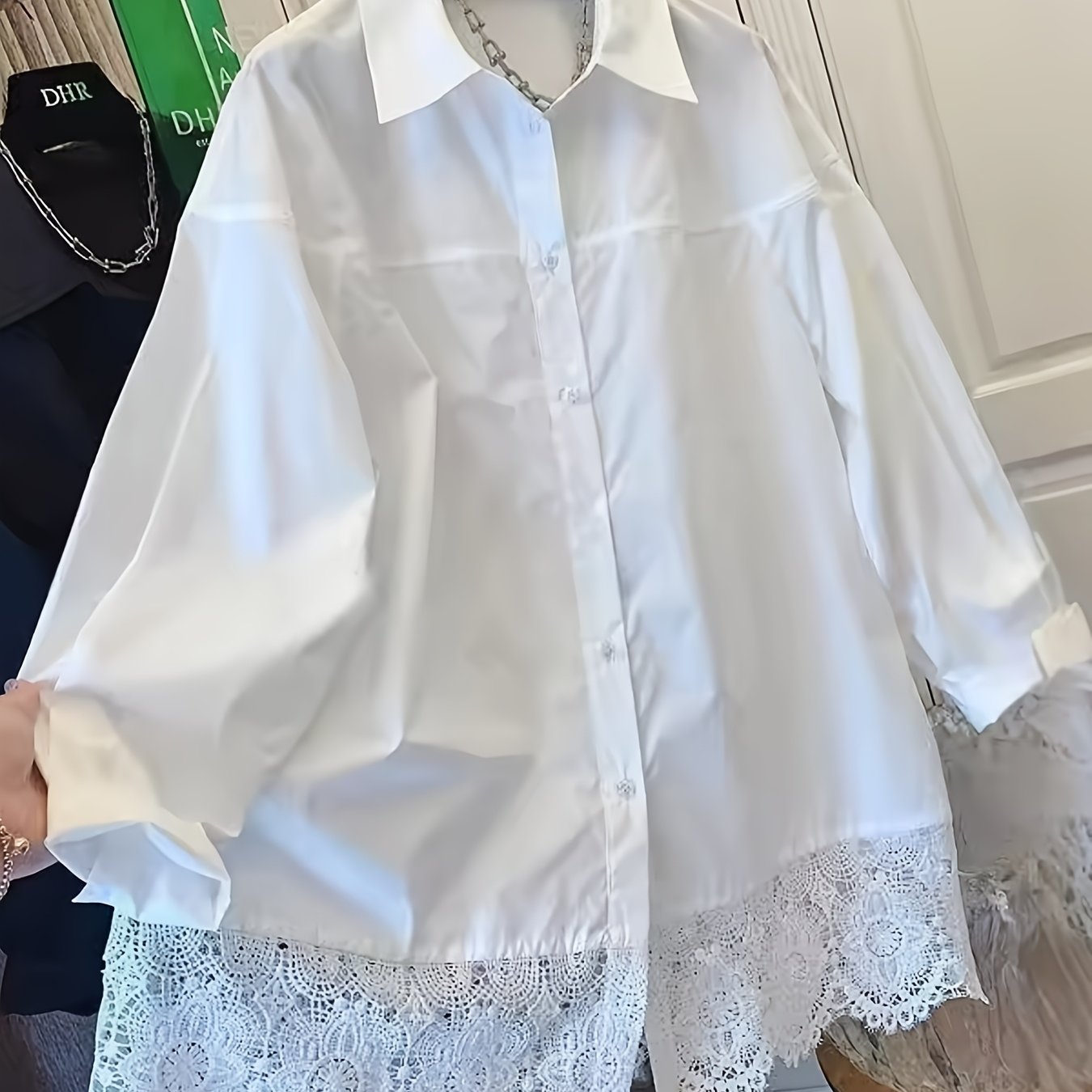 TEMU Women' Lace Blouse Shirt - Lapel Collar Button-front Single-breasted Button-up Blouse, Loose Fit Solid Color Suitable For Office, Commuting &