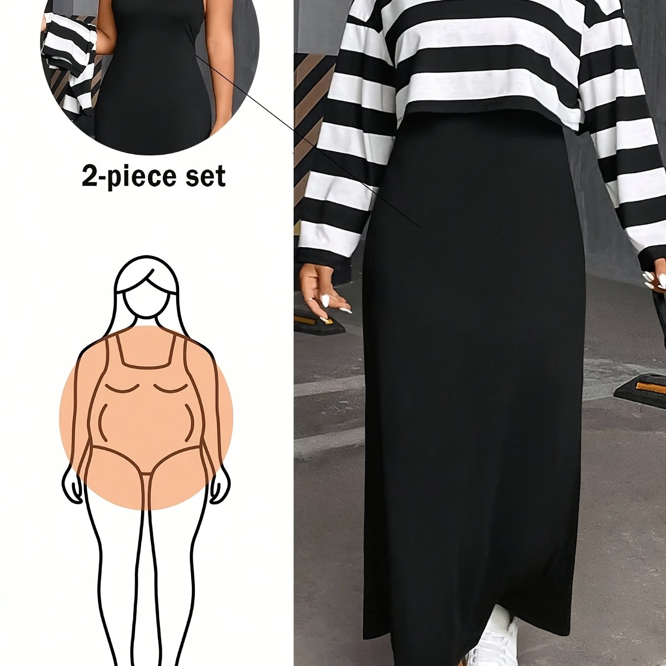 E-shop Plus Size - Plus Size - Plus Size Damenmode Lässiges, locker geschnittenes gestreiftes Oberteil und einfarbiges Kleid 2-teiliges Set - J1164