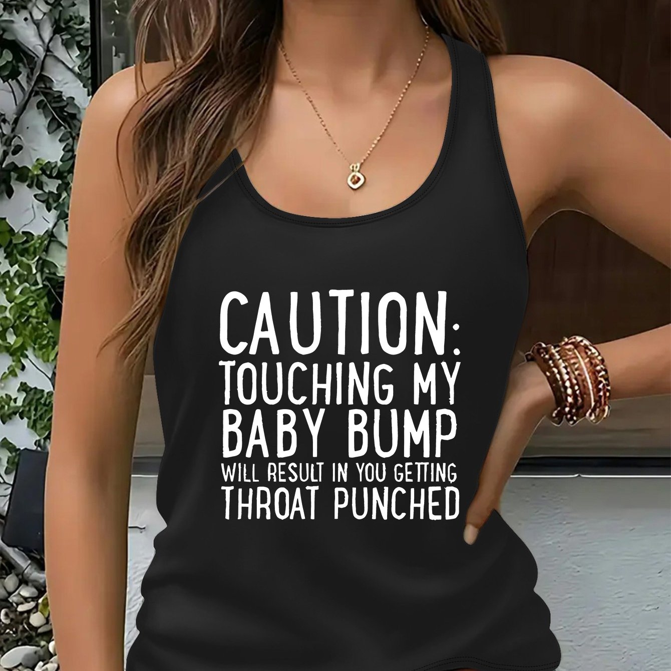 TEMU Women's Funny Pregnancy Announcement Sleeveless Top With Warning Sign & "bun In The " Slogan - Soft Breathable Round Neck Blouse For Maternity