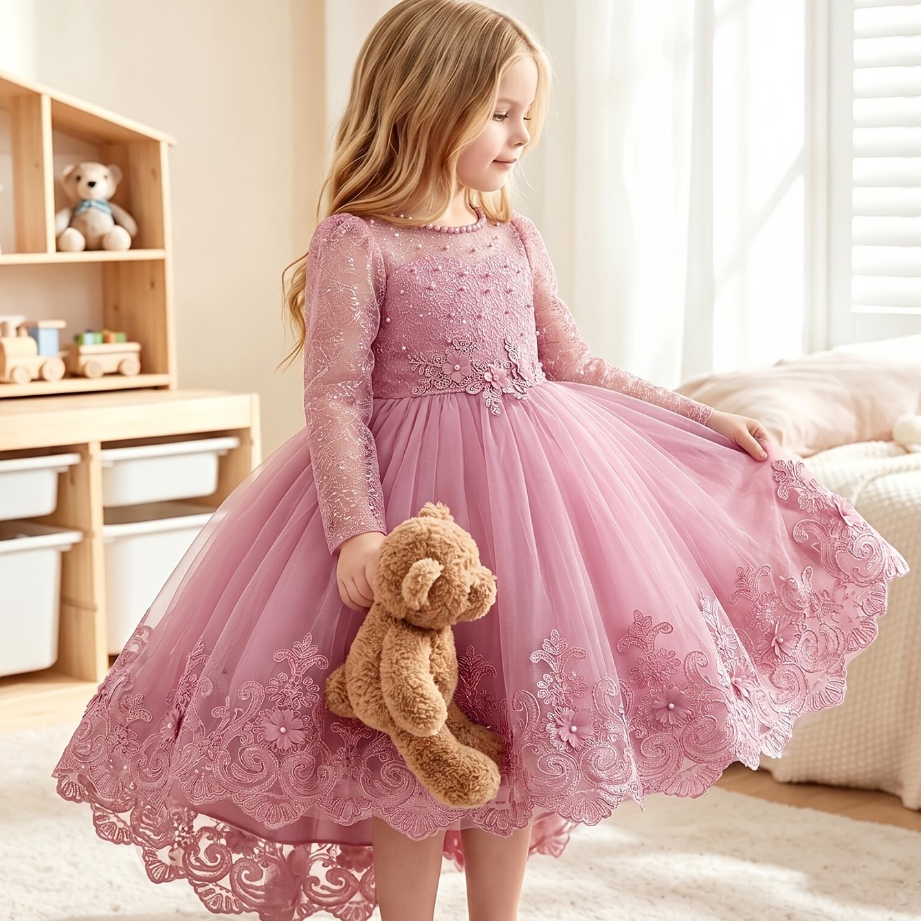 Image of Young Girls Sparkling Princess Tutu With Lace And Beaded Detail - Elegant Long Sleeve Net Dress For Weddings, Piano Colored Birds And Formal Events, Polyester Party Dress, Wedding Guest Dress