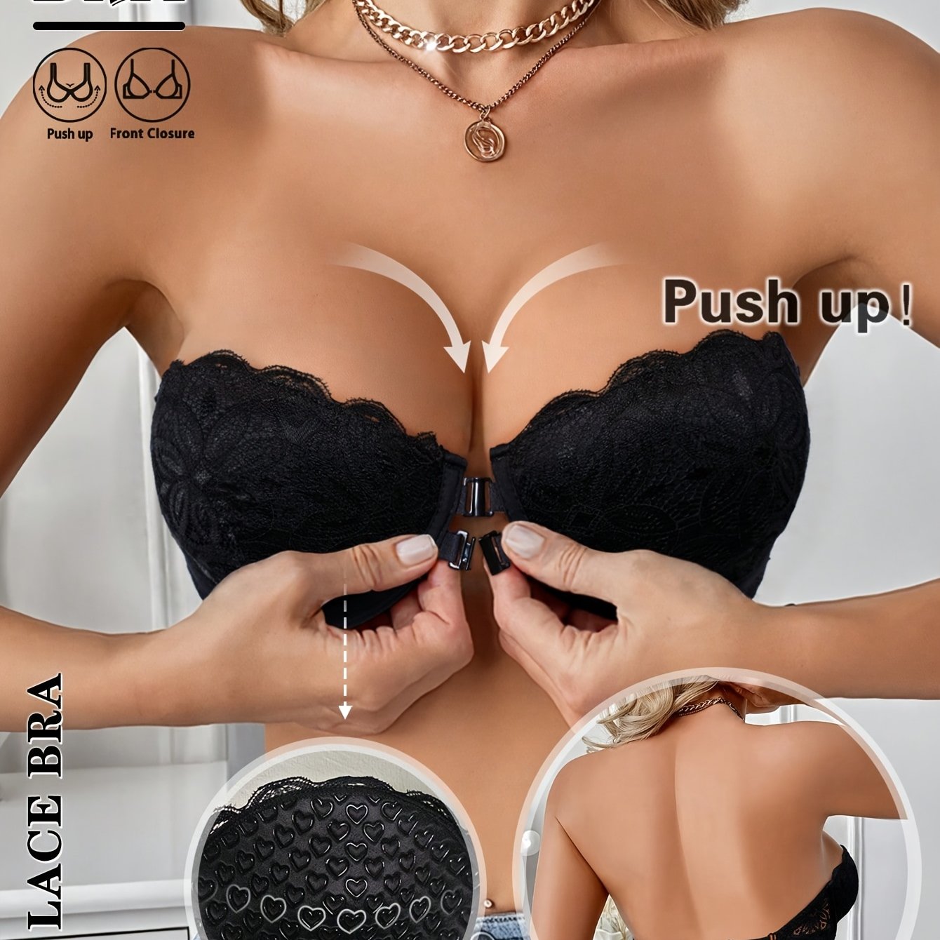 Sexy Lace Spliced Front Closure Strapless Bra Push Up Underwire Bra For Women Heart Pattern Cup Underwear Non-slip Tube Top With Adjustable Straps