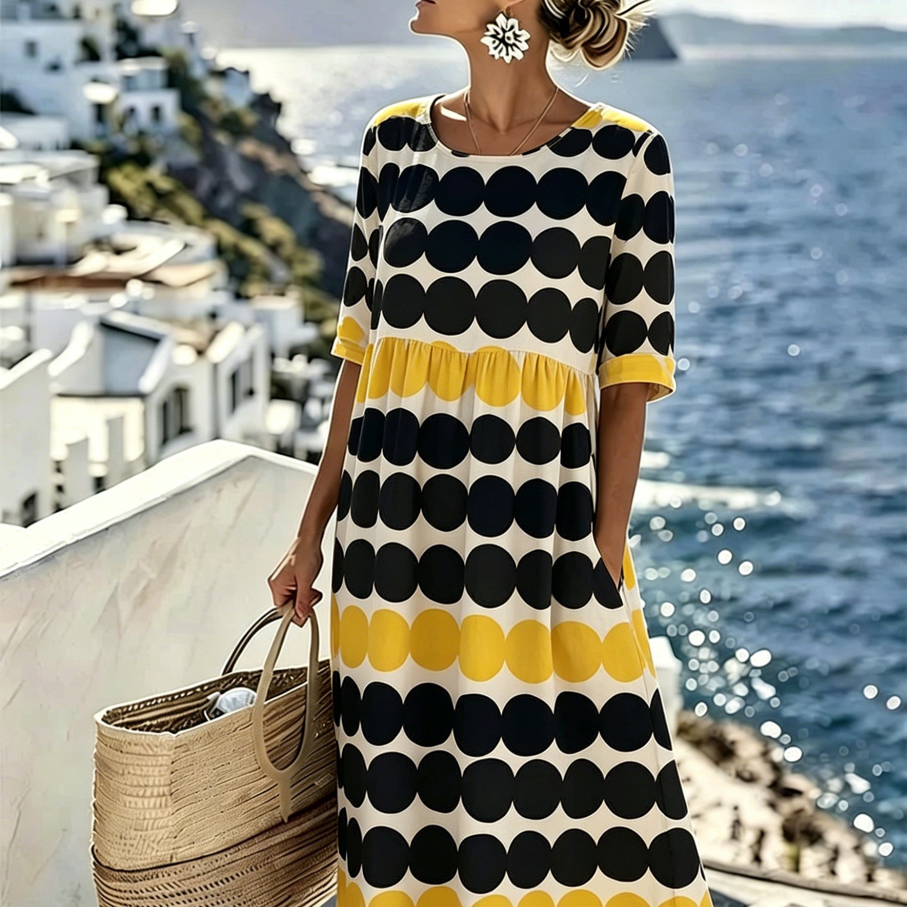 Image of Plus Size, New Arrival Plus Size Round Neck Dress Pocketless Style Round Neck Spliced With Point Sleeve Base Black Polka Print Daily Casual Wear