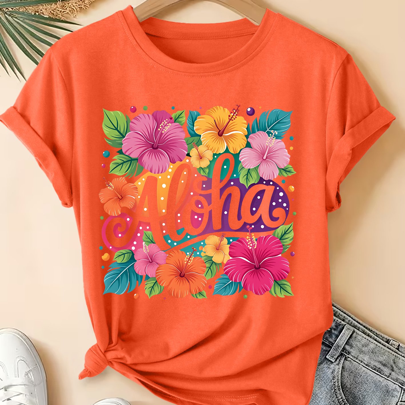 TEMU Aloha Flower Colorful Printed Short-sleeve Vintage Round-neck T-shirt, Style Loose Top, Elegant Party Fashion For Spring And Summer 2026,