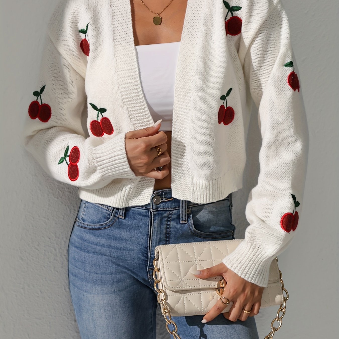 Cherry Embroidered Crop Knit Cardigan, Casual Open Front Lantern Sleeve Sweater, Women's Clothing