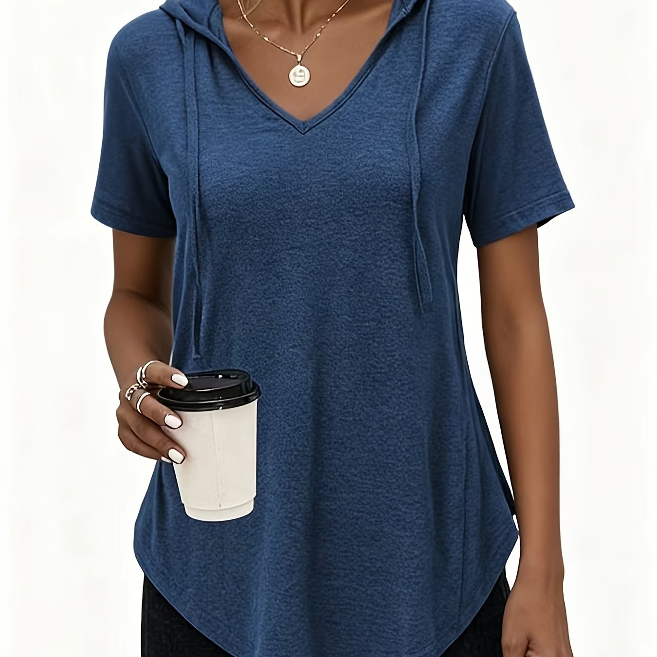 TEMU Plus Size - Plus Size - Spring Summer Plus Size Women's Clothing T-shirt Solid Elegant Hooded Neck T-shirt Women