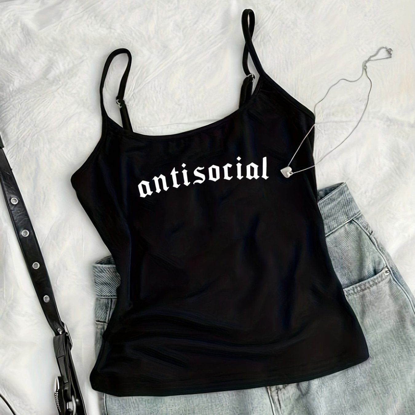 TEMU Y2kantisocial, Antisocial Printed Sexy Adjustable Thin Strap Crop Top, Women's Summer New Sleeveless Top, Suitable For Wear Or Party Attire