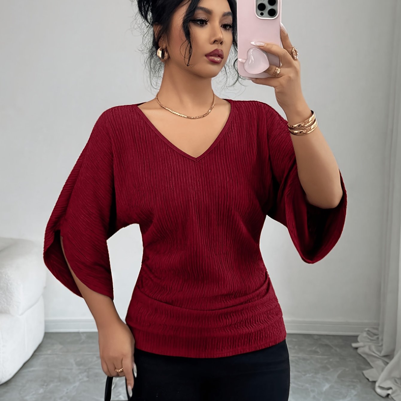 TEMU Women's Temperament T-shirt, Vertical Stripe Texture, V-neck Batwing Sleeve, Cinched Waist Top, Suitable For Spring And Summer Dates And Street