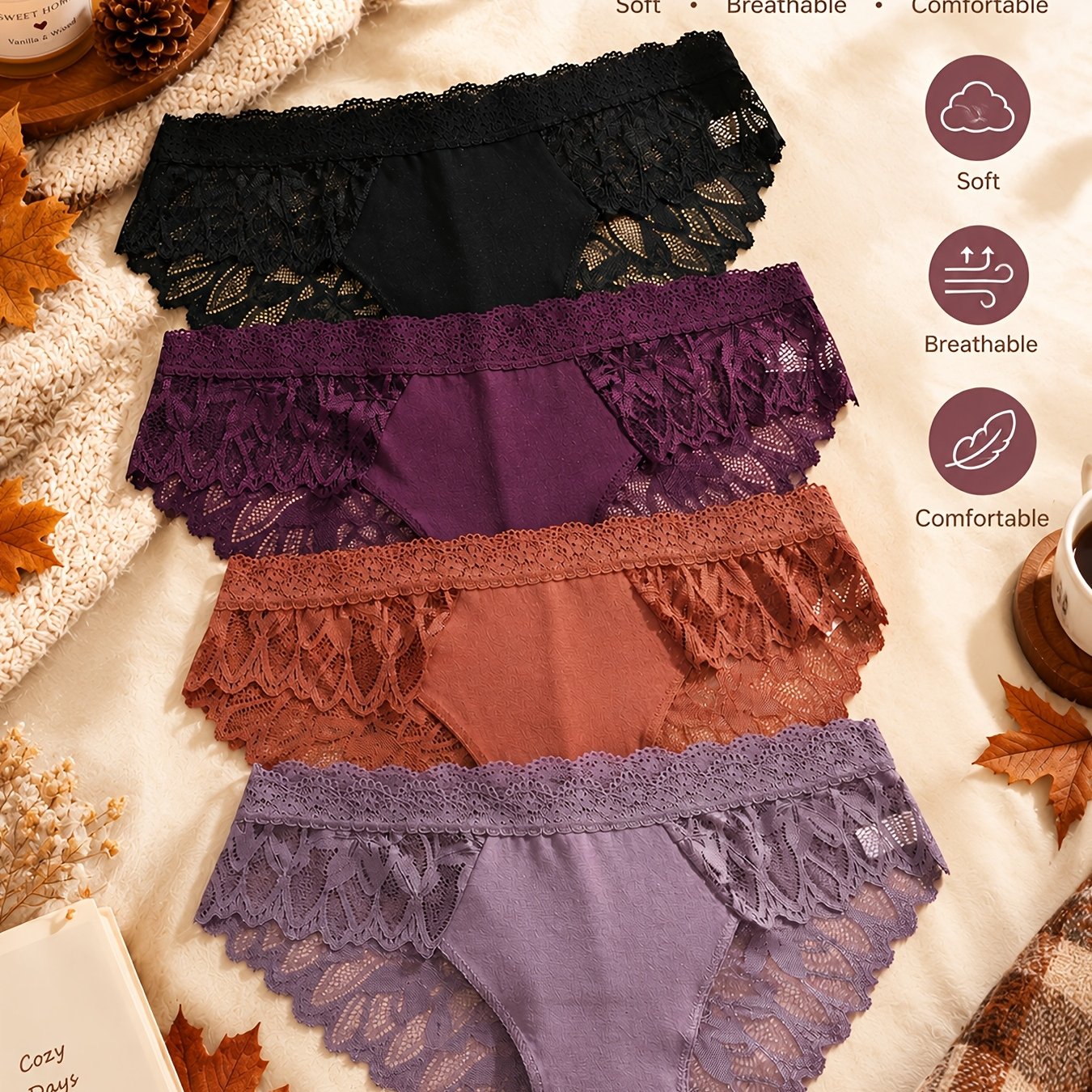 Image of 4pcs Women's Low-rise Solid Color Lace Underwear Briefs - Semi-sheer Panties With Low- (no), Minimalist Everyday Lingerie, Hand Washable (4 ) - Discreet & Comfortable For Daily Wear, For -