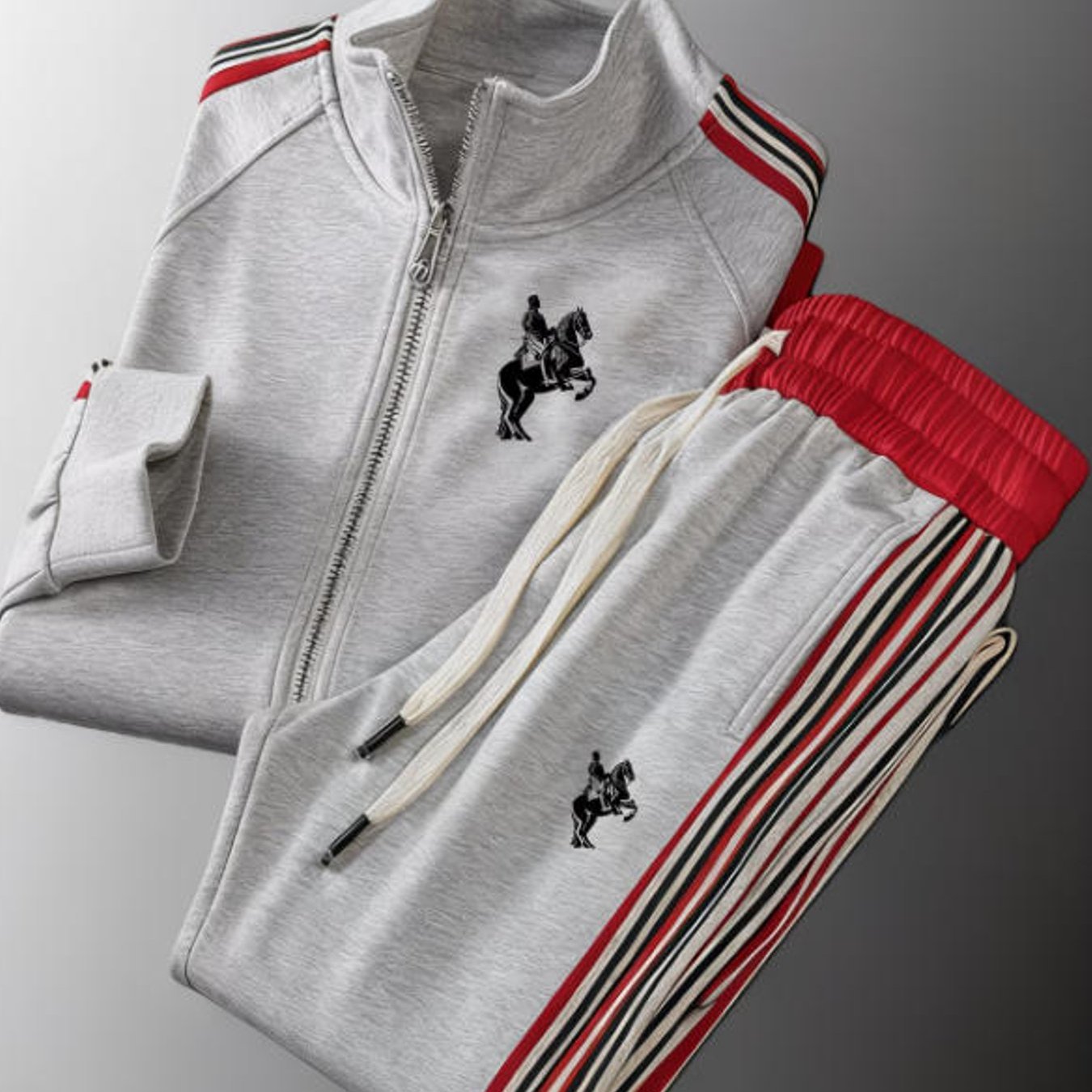 Image of Zip-up Jacket Set Men's Style Trendy Equestrian Rider Horse Graphic Striped Sportswear For Adults Men Fall Winter Casual Wear Holiday Gift