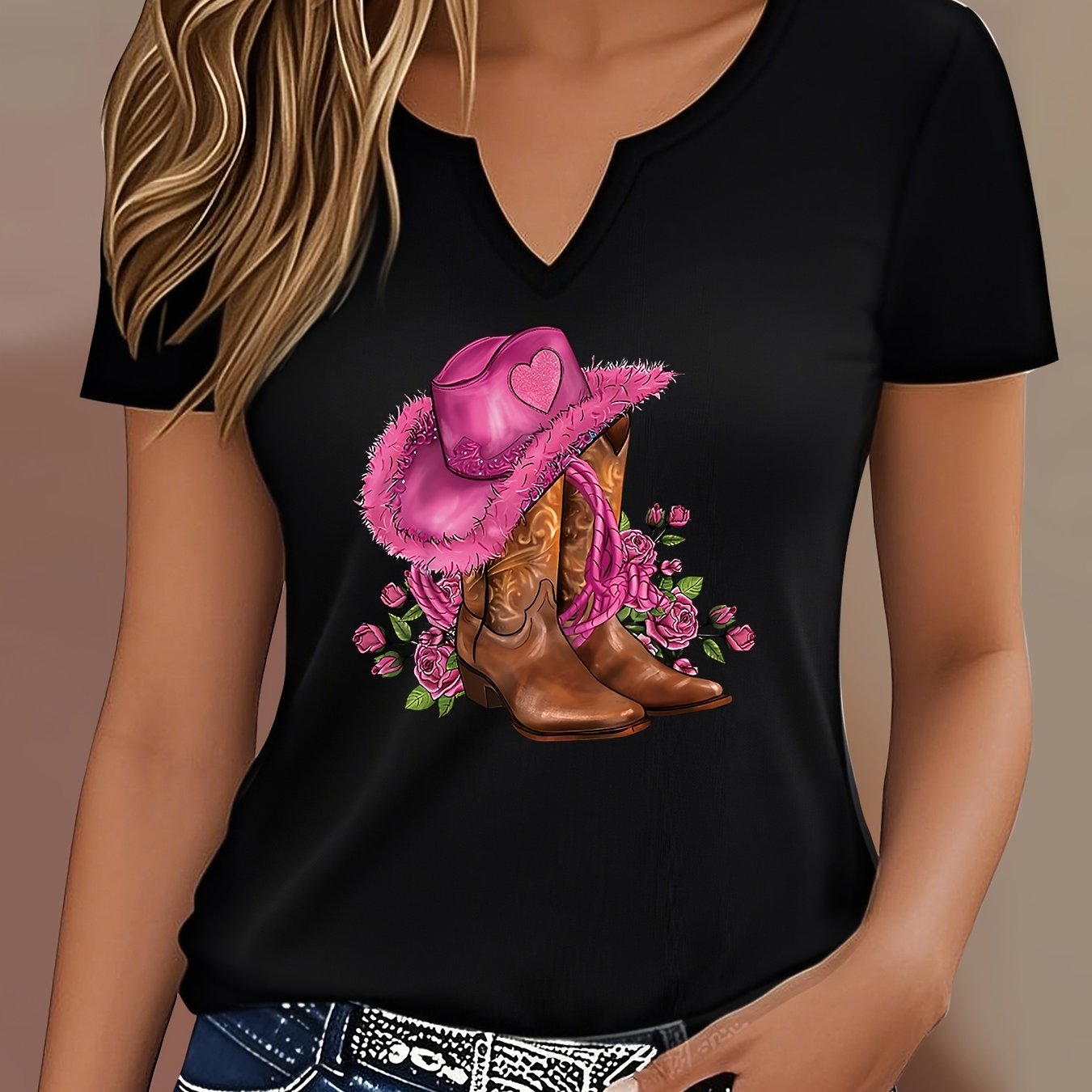 TEMU Letter Print T-shirt, Short Sleeve V Neck Casual Top For Summer & Spring, Women's Clothing
