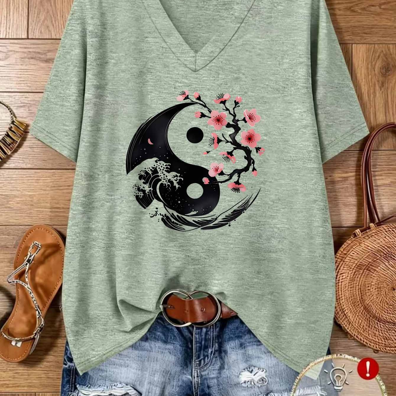 TEMU Summer Plus Size Casual Athletic Women's Clothing, Loose Tai Chi Wave Cherry Print V-neck Short Sleeve T-shirt, Skin-friendly Breathable