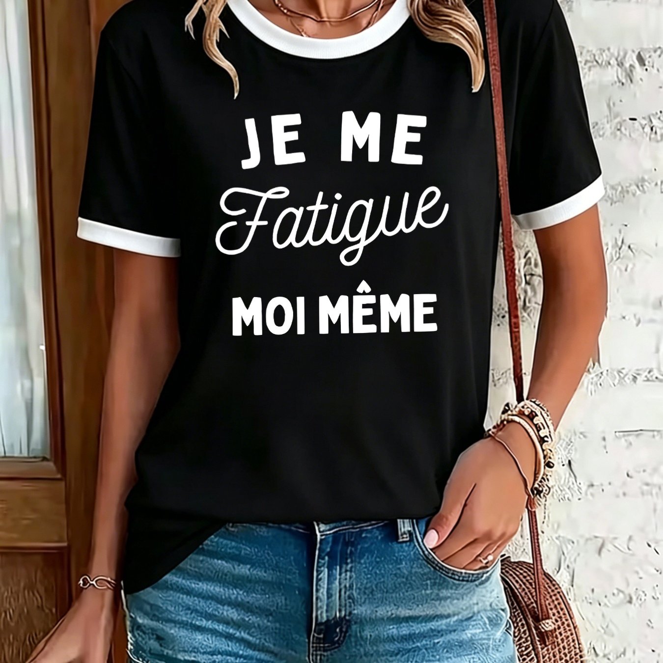 TEMU T-shirt ME Fatigue MOI MÊME avec française et anglaise - Haut bilingue à manches courtes et col ras du cou avec imprimé manuscrit et de couleur,