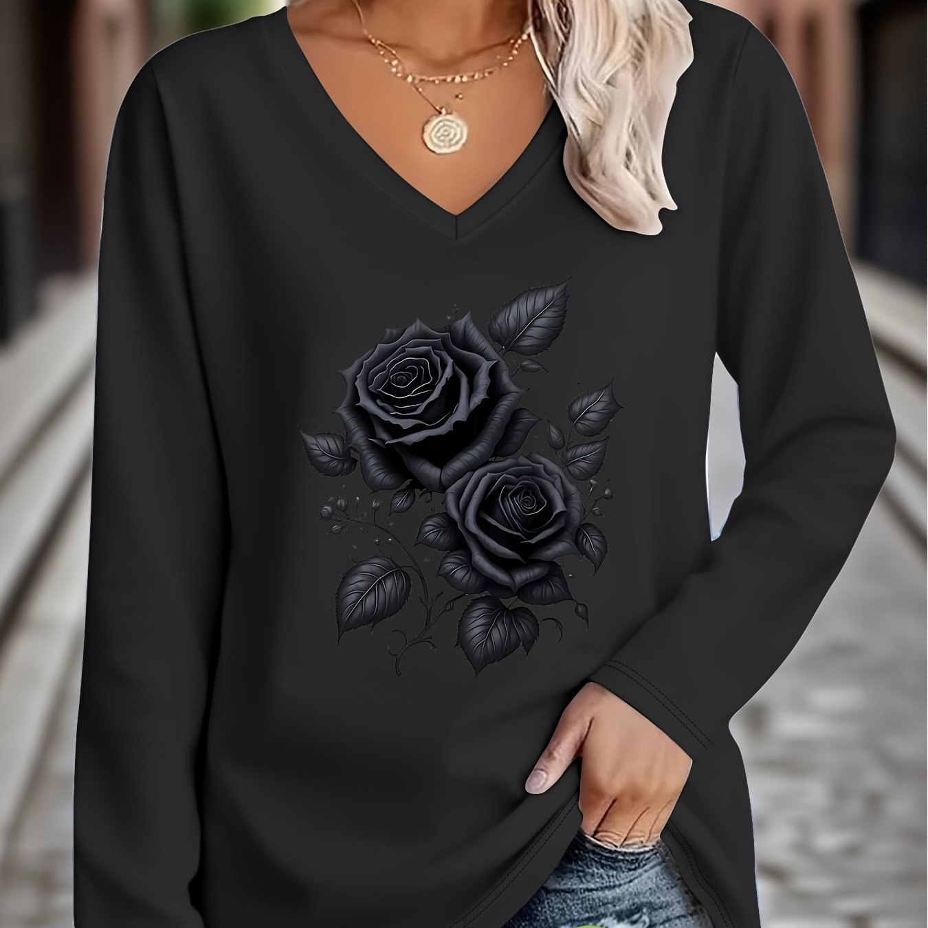 Image of Plus Size - Plus Size - Letter Print T-shirt, Long Sleeve V Neck Casual Top For Spring And Fall, Women's Clothing
