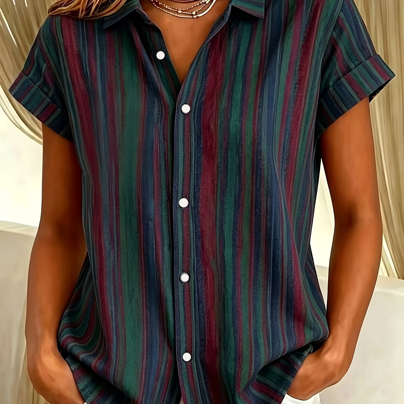 TEMU [printed Design - Not Textured] Women's Retro Dark Color-block Pinstripe Summer Short Sleeve Button-up Cardigan Shirt, Loose Casual Top For Wear