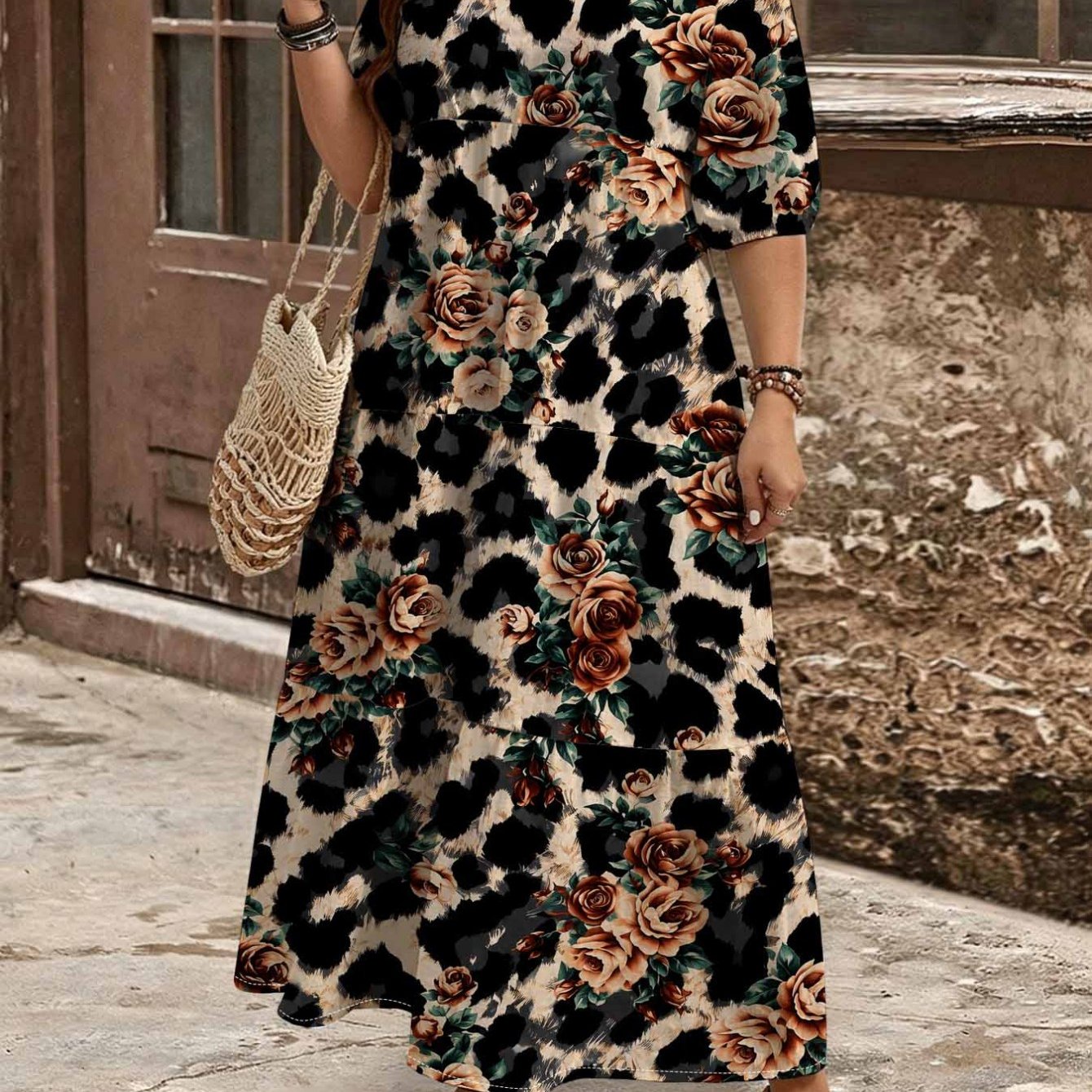 Image of Plus Size, Summer Plus Size Leopard Rose Floral Printed Bubble Shortsleeved Maxi Dress For Women. Layered Cake . Vintage Elegant Bohemian Chic Loosefitting Resort Vacation Party Midi Dress.