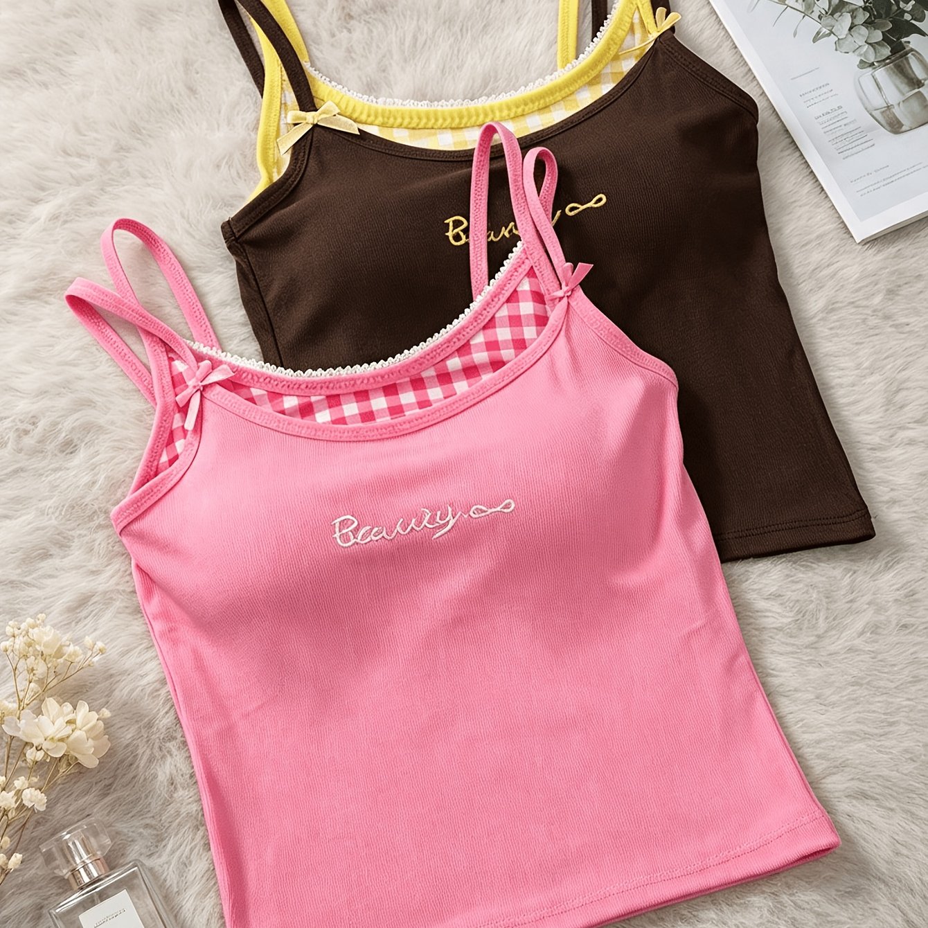TEMU 2pcs Printemps/Été Deux Pièces Vêtement d'Extérieur Camisole Gilet Femme avec Coussin de Poitrine et Vêtement d'Extérieur Fin Vêtement Intérieur