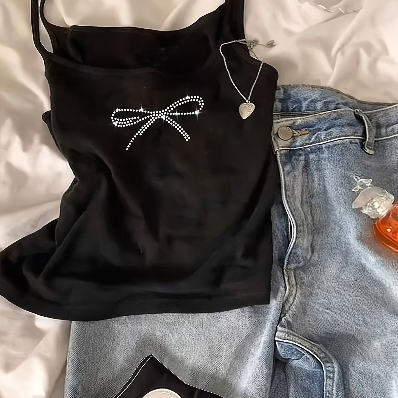 Tween Girls' Casual Solid Color Knit & Rhinestone Decor Cami Tank Top