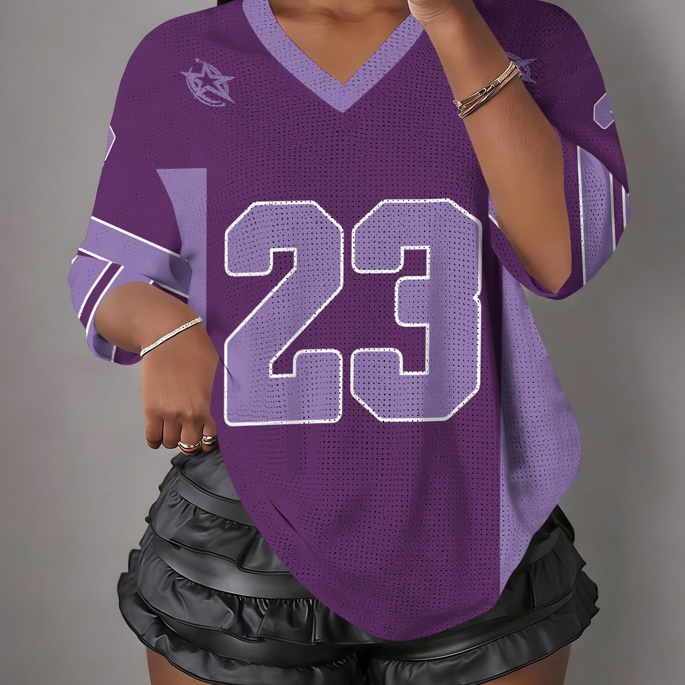 TEMU Women's Summer Short Sleeve Versatile Purple-ish Size 23 Printed V-neck T-shirt