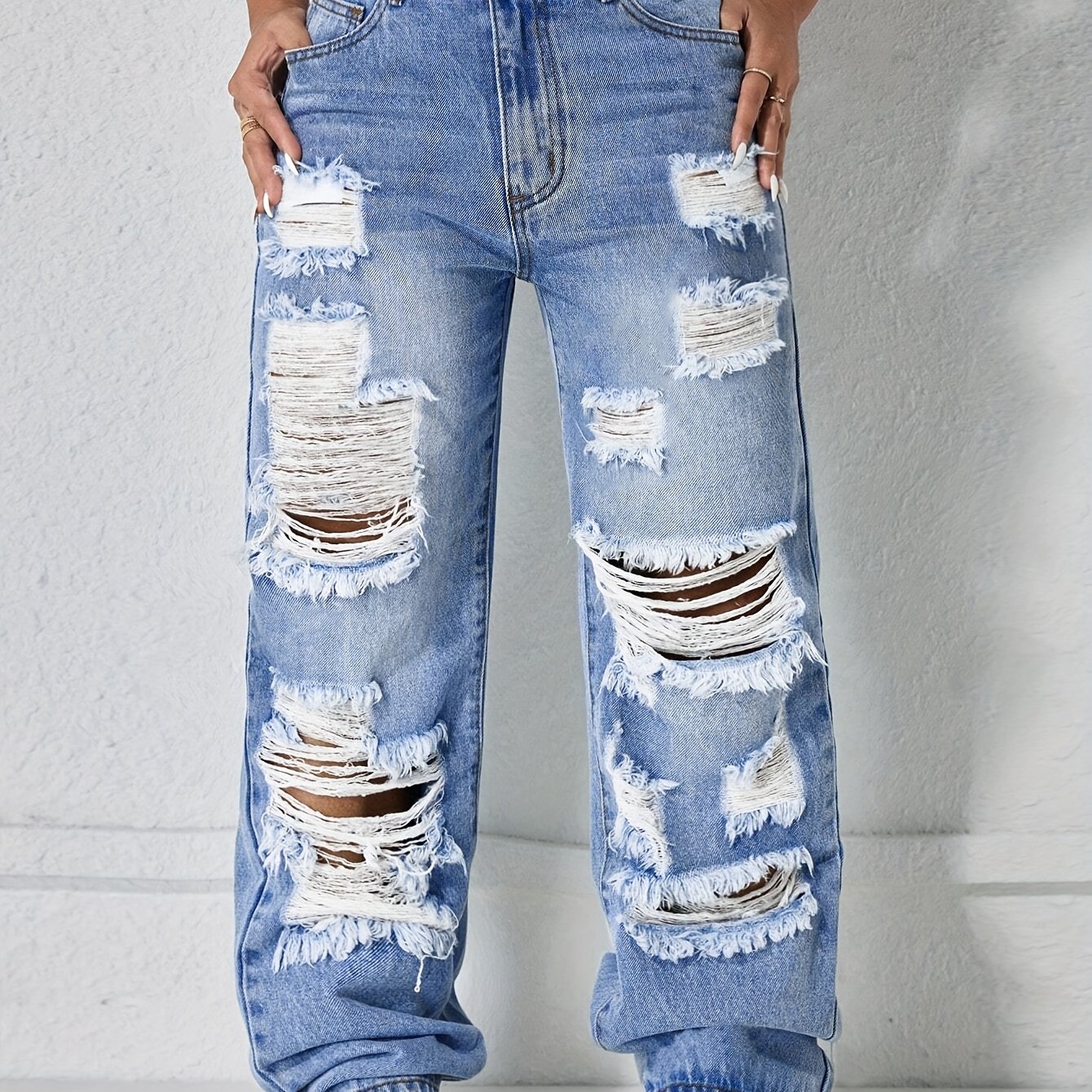 16215# Spring/summer New Elegant Style Versatile Ripped High-waisted Drawstring Solid Color Loose Straight-leg Denim Pants For Women