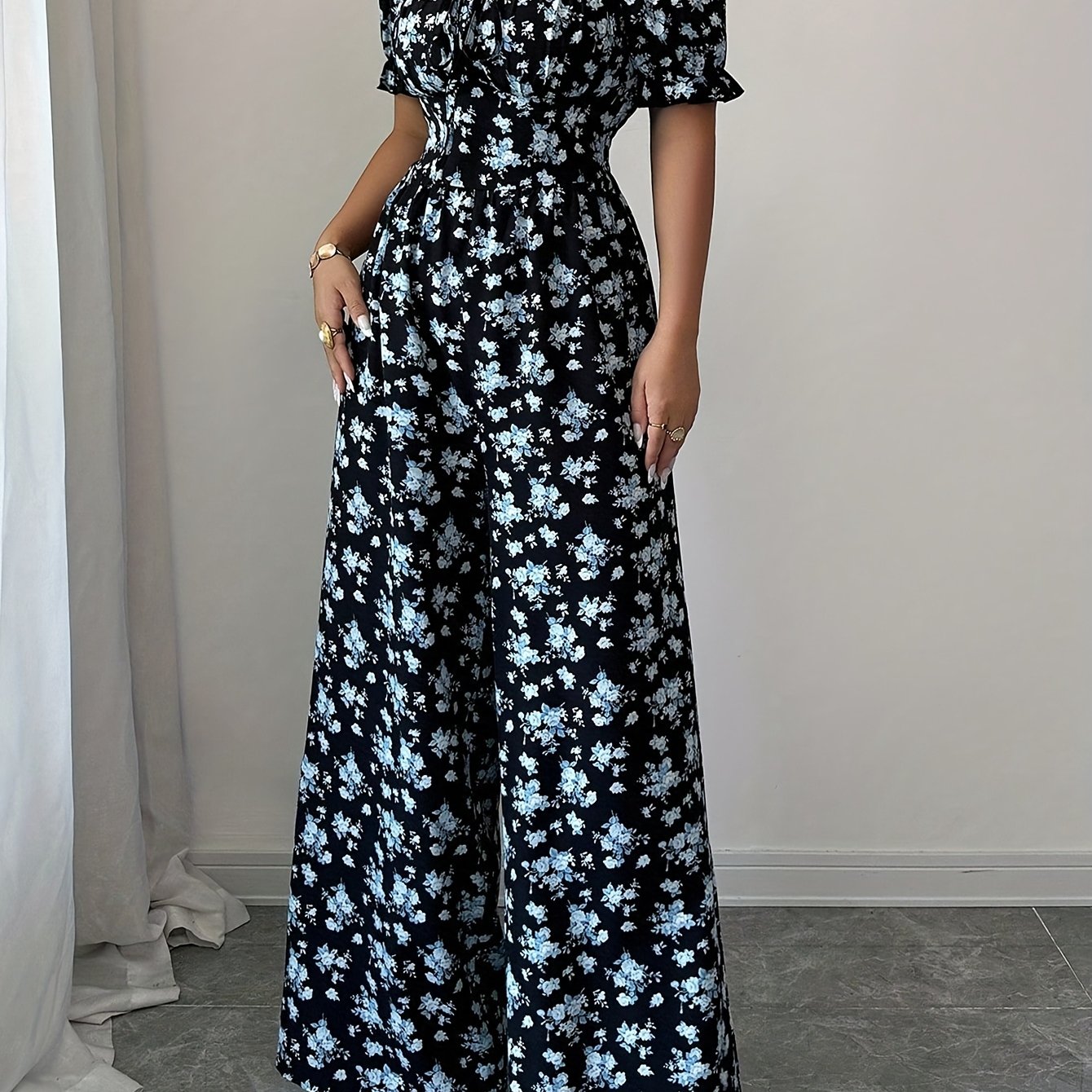 Women's Elegant Waist-cinching Printed Jumpsuit, Summer Jumpsuit, Wide-leg Printed Jumpsuit, Long Length Printed Jumpsuit