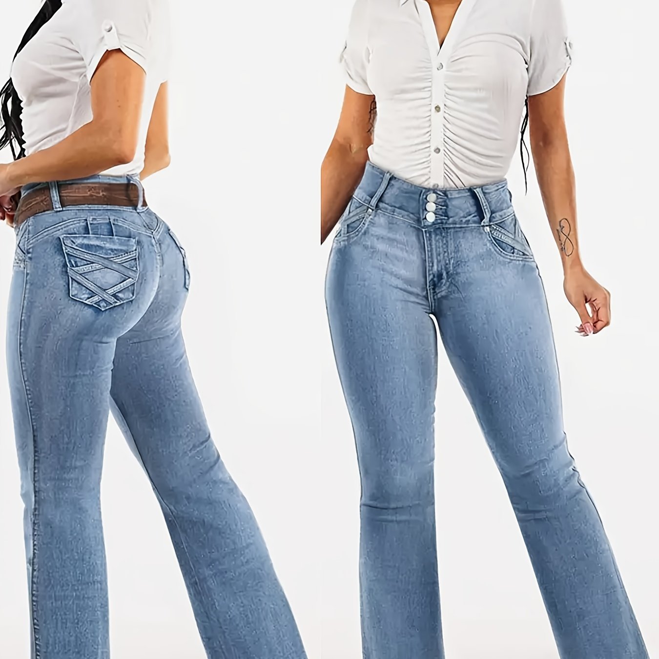 Image of Fashionable Sexy High-waisted Flare Jeans, Body-hugging Design With Front And Back Pocket Details, Casual Slim Fit For Women