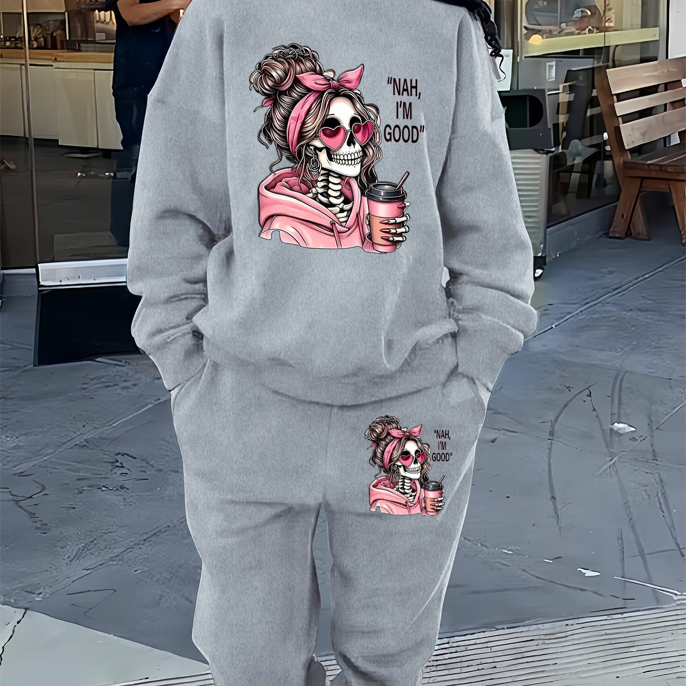 TEMU Women'-piece Set Featuring A Round Neck Sweatshirt And Pants, Designed With Prints, Suitable For Autumn And Winter With Fleece