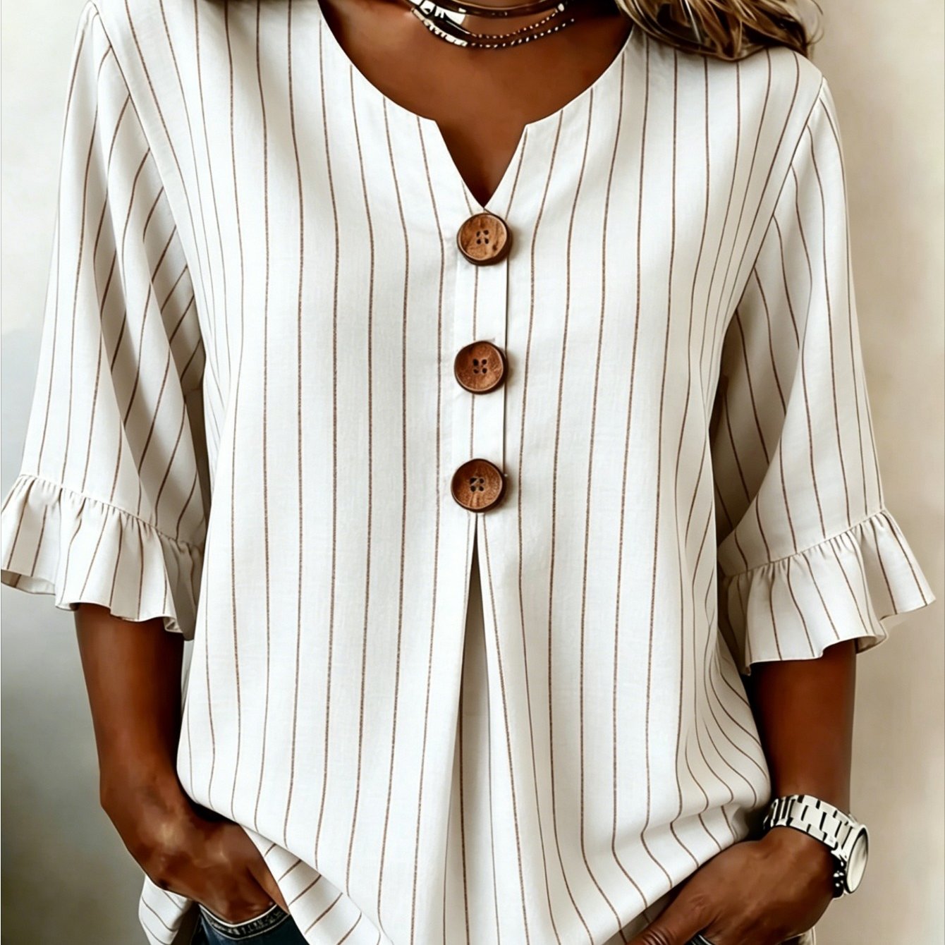 Plus Size - Plus Size - Plus-size Women's V-neck Button-style Autumn Fabric Beige Vertical Stripe Printed Casual Top, Suitable For Daily Wear, Is For Mothers And Sisters