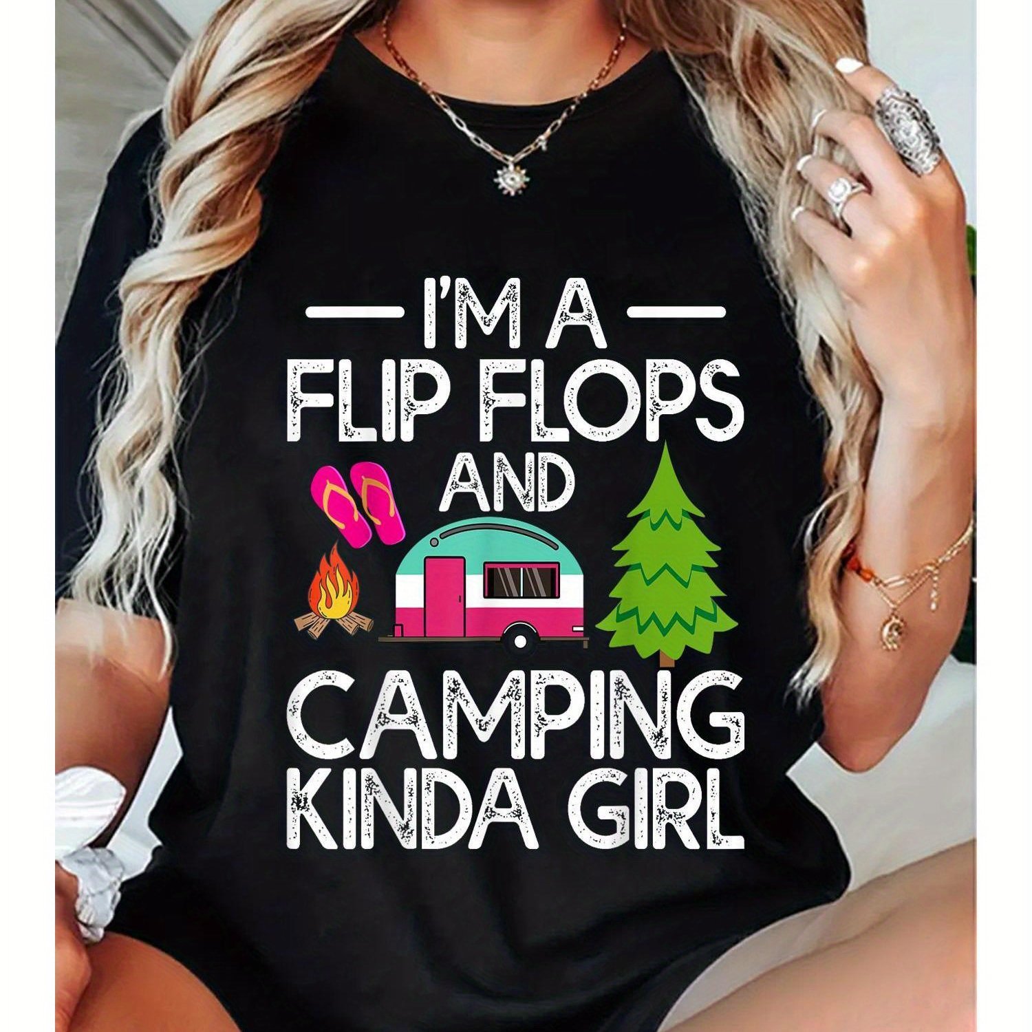 TEMU Women's "i'm A Flip-flops & Camping " Graphic T-shirt - Soft 100% Short Sleeve Tee With Rv, Tree & Campfire Design, Casual Round Neck Top For Camping Enthusiasts
