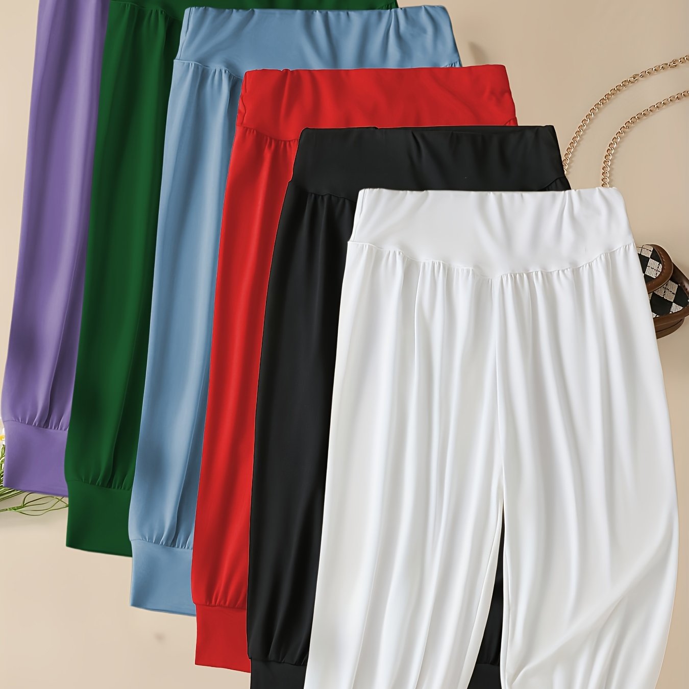 TEMU 6pcs Women's Stretchable Long Jogger Pants With Elastic Waistband, Lightweight Breathable Polyester Fabric For Summer, Casual Solid Color Pants