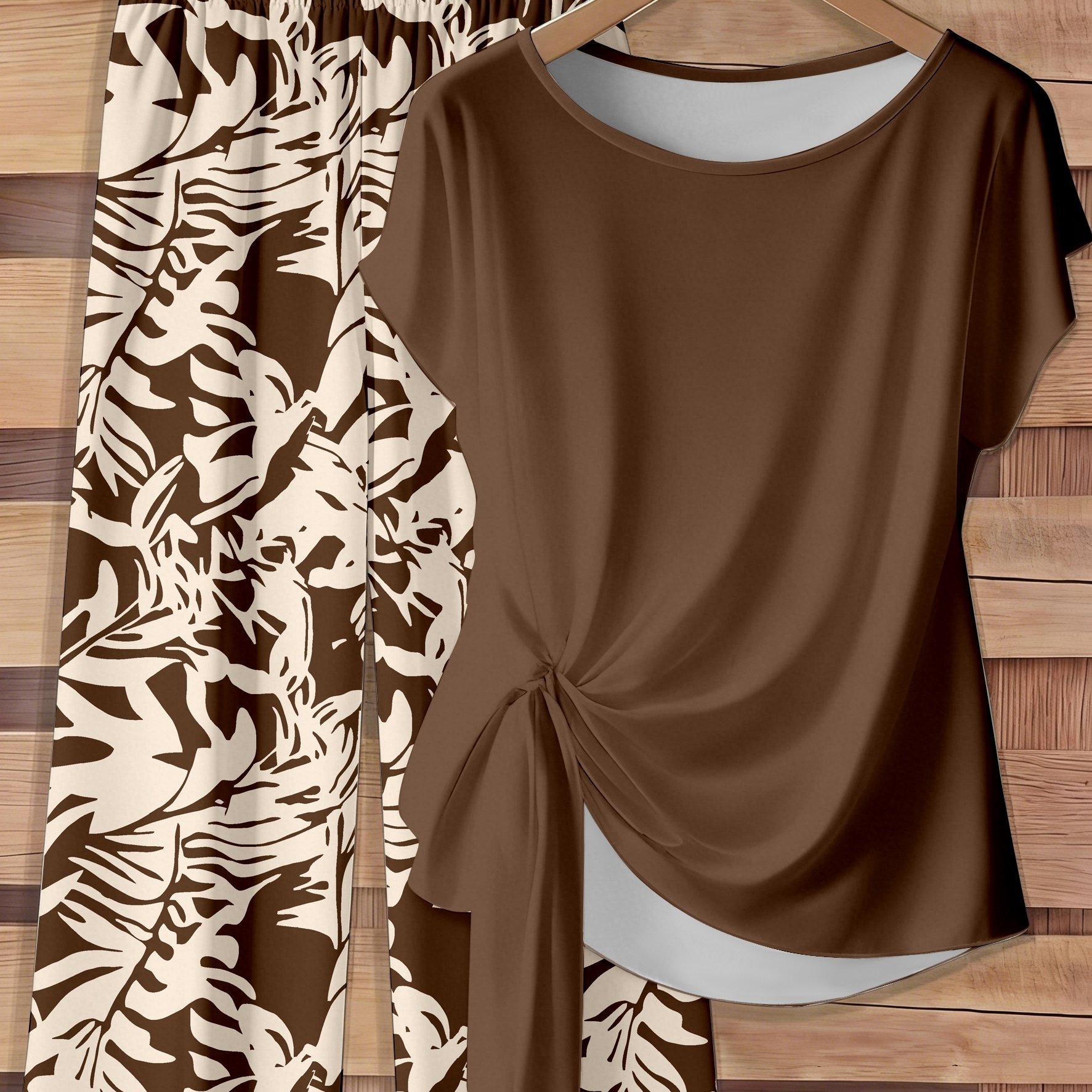 TEMU Ensemble élégant pour femmes comprenant un haut imprimé à nœud latéral stylé, associé à un pantalon long, parfait pour les fêtes et événements.