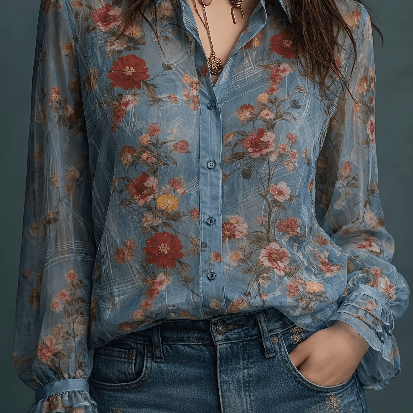 TEMU Chemise à manches longues imprimé floral toutes , décontractée semi-transparente polyvalente rétro en mousseline de soie à boutons, manches