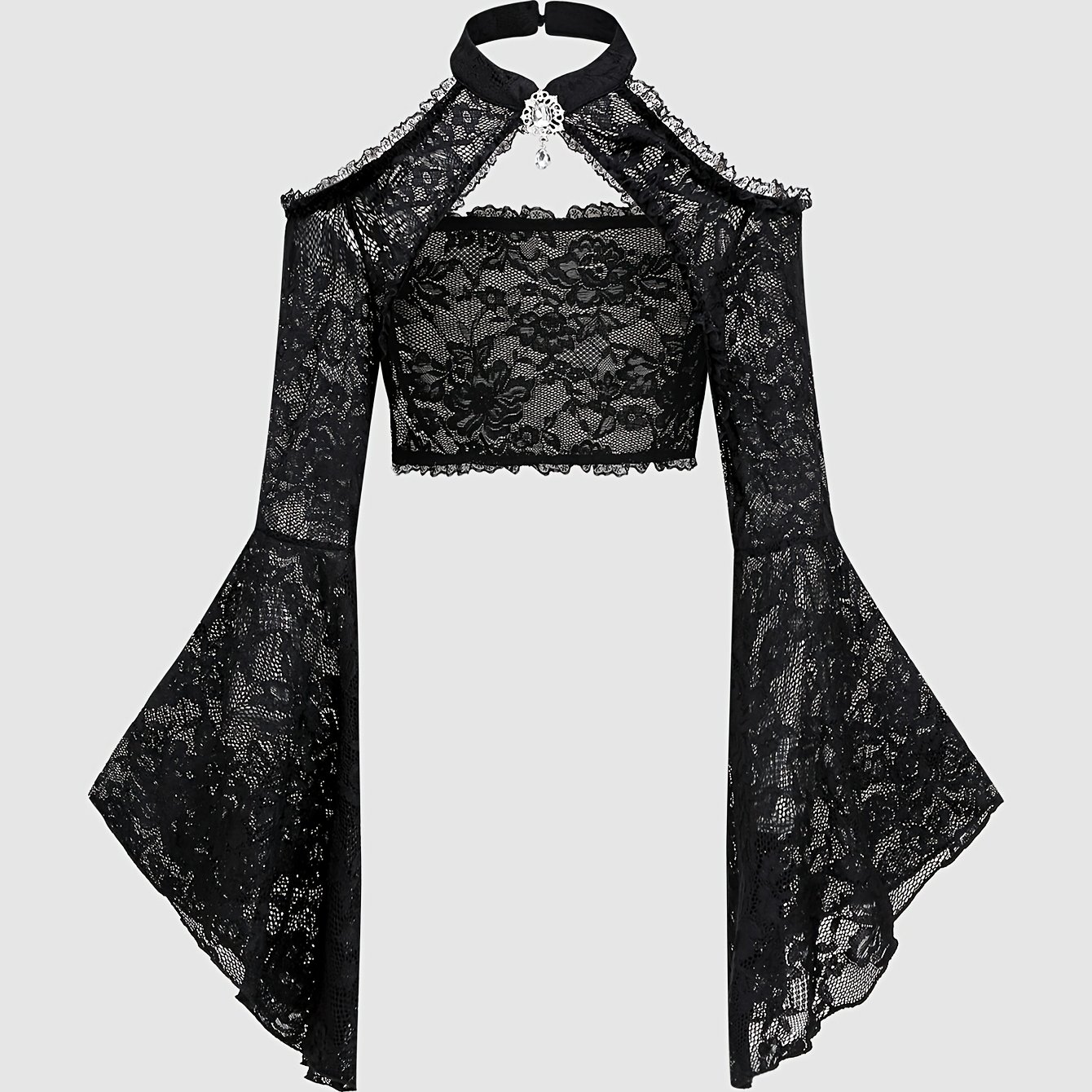 TEMU Sexy Gothic Court Style Shoulder Pad Sheer Short Lace Off-shoulder Top, Suitable For Halloween Parties, Vampire Cosplay, Dark Photography,