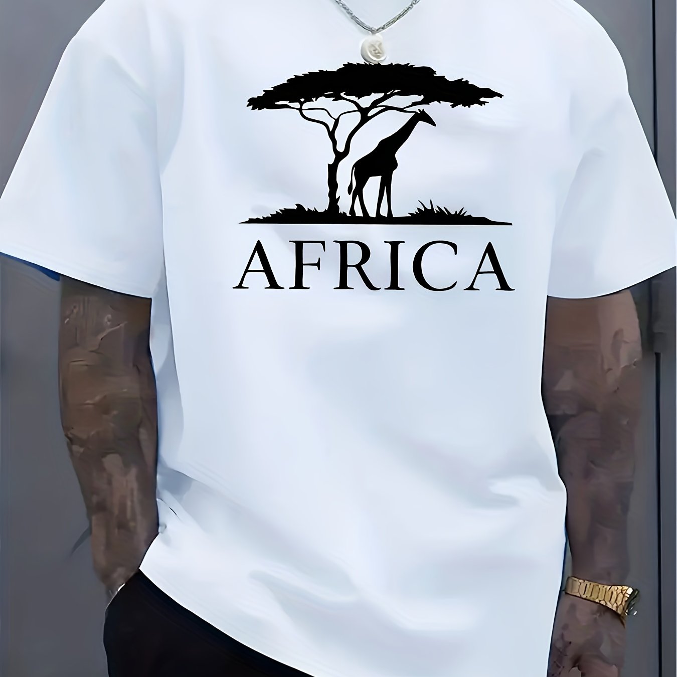 TEMU Full Of African And ! White Short Sleeve T-shirt With Africa Text And Giraffe, Acacia Tree Elements Print, An African Style Fashion