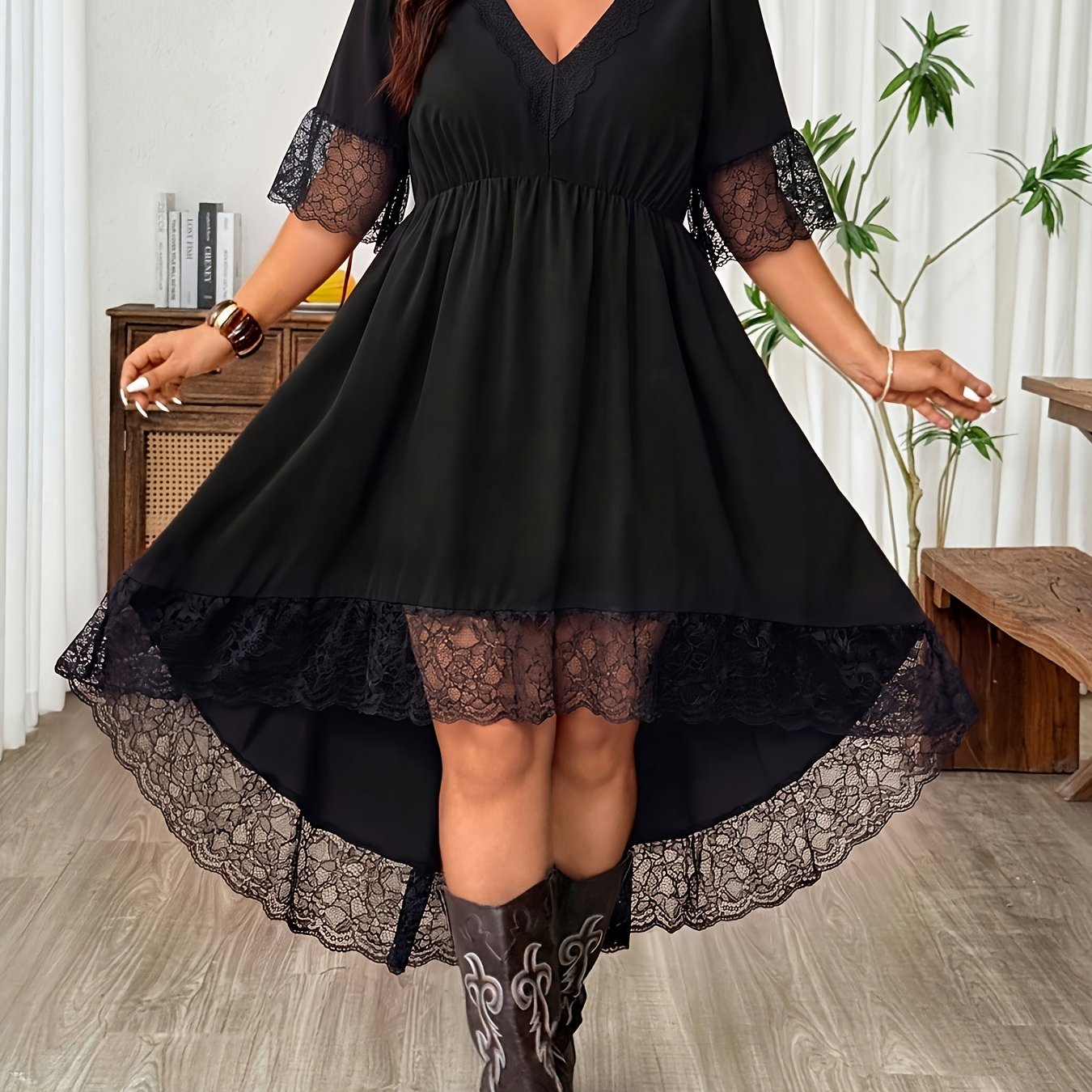 TEMU Plus Size Women's Lace Design, Waist-cinching Casual Music Festival Dress, Halloween Costume, Women's Pastoral Style Outfit, Back-to- Season
