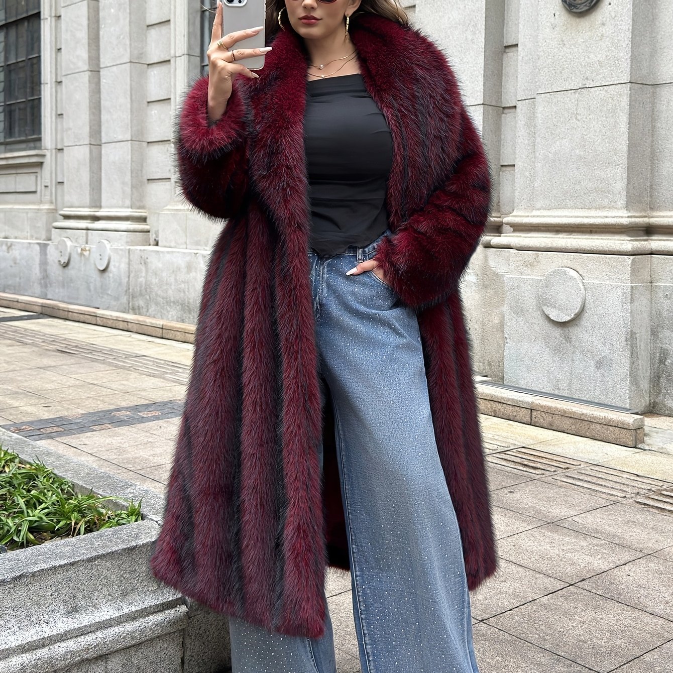 TEMU New Women's Long With Gradient Color, Shawl Collar, Faux, Fashionable Autumn/winter Outerwear