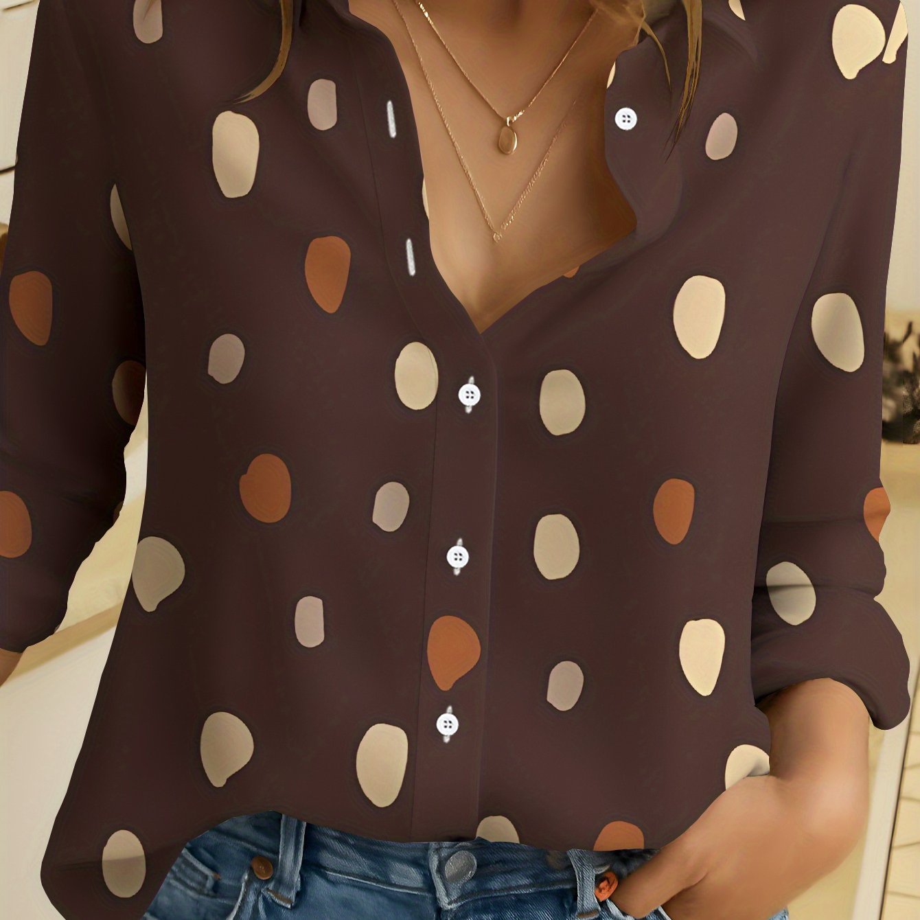TEMU Women's Long Sleeve Shirt, Polka Dot Style Printed Blouse For, Brown Base With Warm Dots, Floral Shirt For Women, Casual Women's Shirt, Soft And