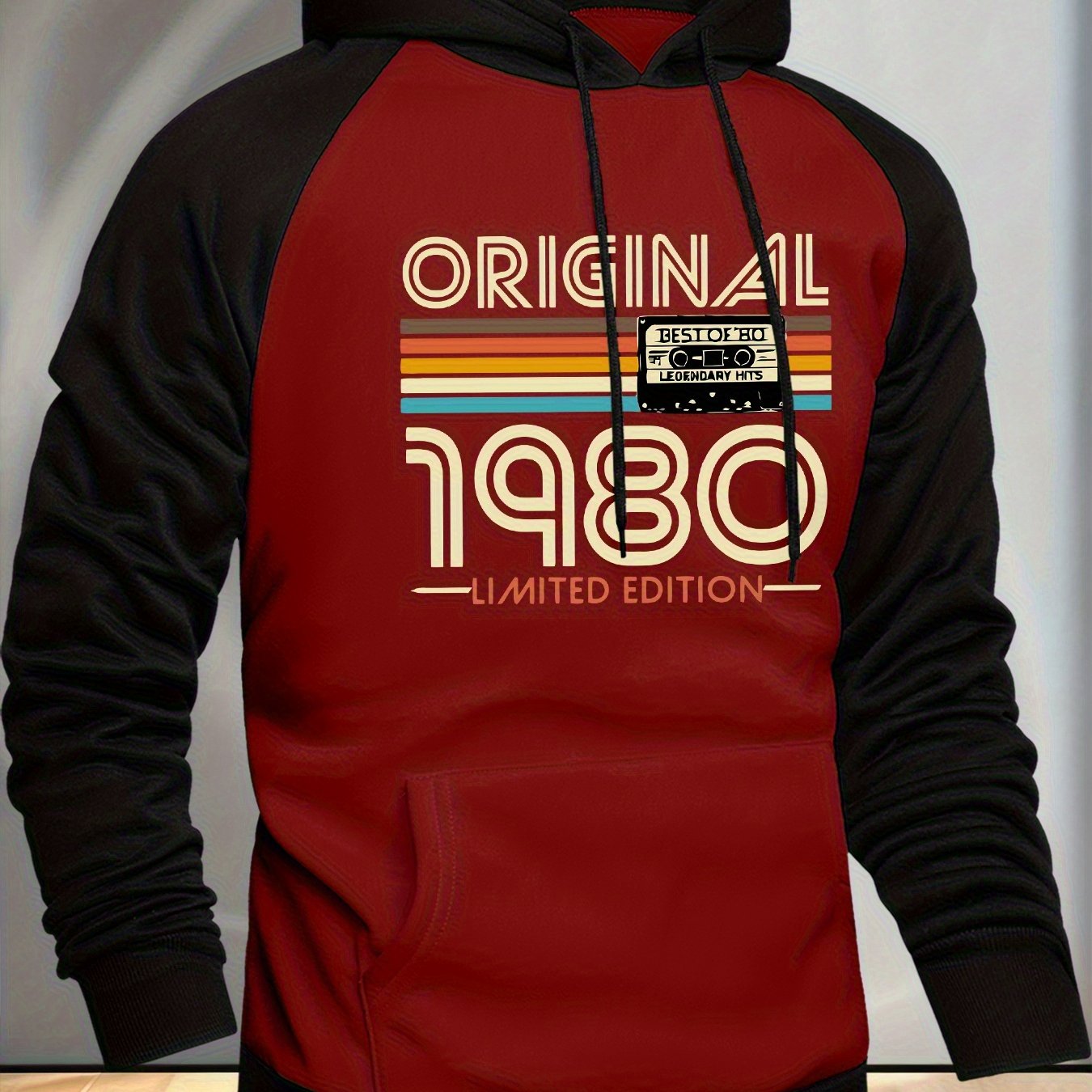 TEMU Men's Hooded Sweatshirt 1980 Vintage Pattern Elements, Casual Versatile Fashionable Color Block Hooded Sweatshirt, Classic Raglan Sleeve