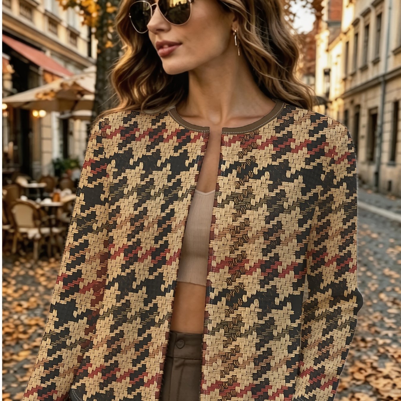 TEMU New Autumn/winter Waffle Vintage Short Jacket, Fashionable And Versatile Buttonless Women's Classic Elegant Style Cardigan