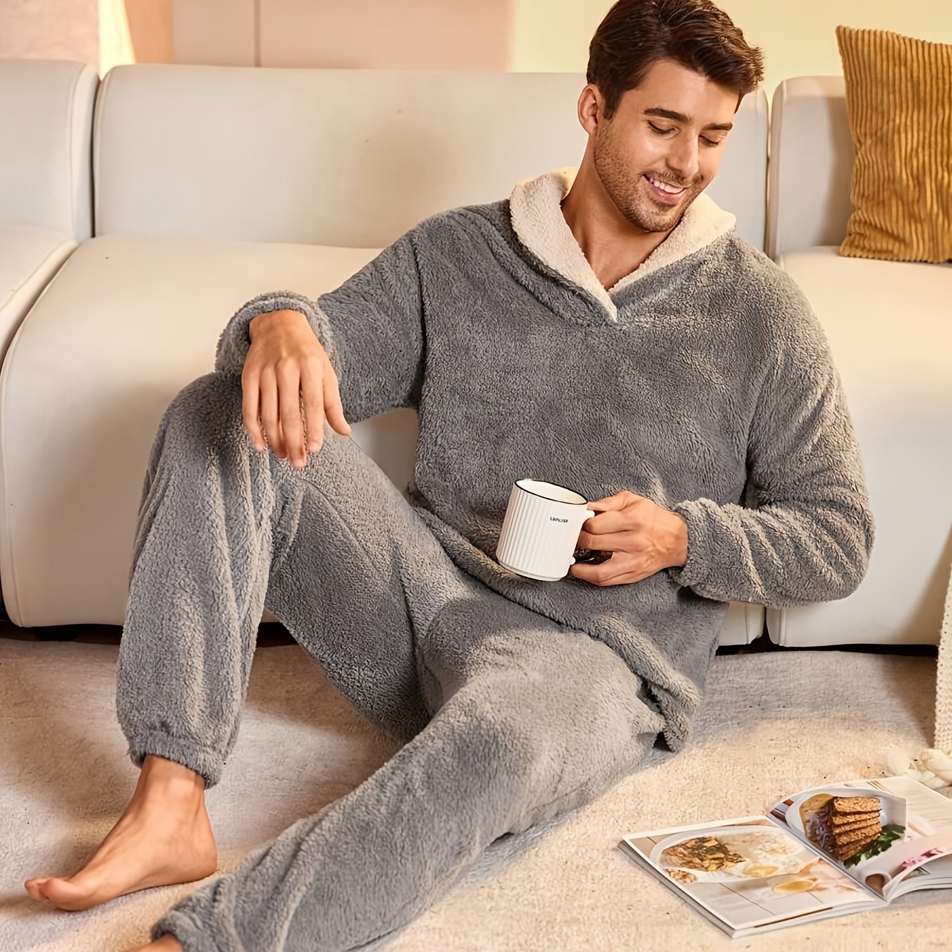 Men's Winter Coral Solid Color Long Sleeve Simple Pajama Set Homewear Basic 2pcs Top + Pants