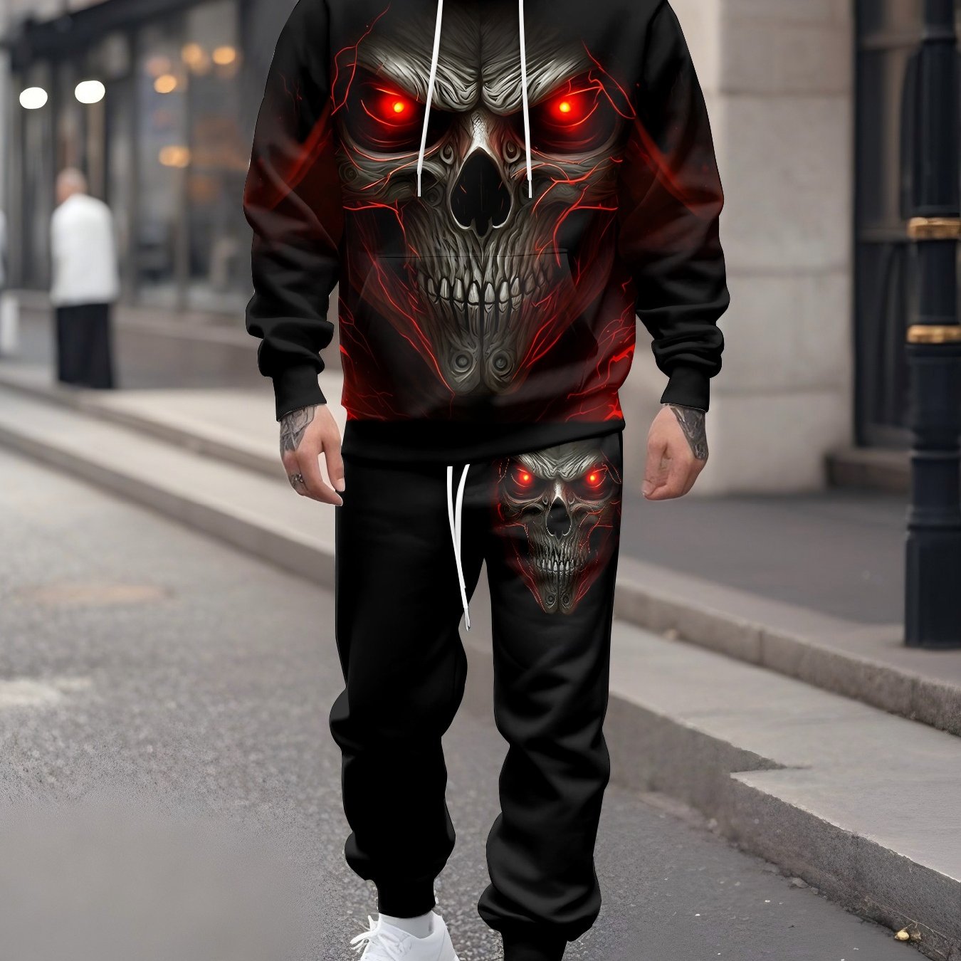 Image of Halloween Print Fashion Men's Autumn Winter Casual Hooded Sweatshirt And Long Pants 2pcs Set Outdoor Holiday Gift